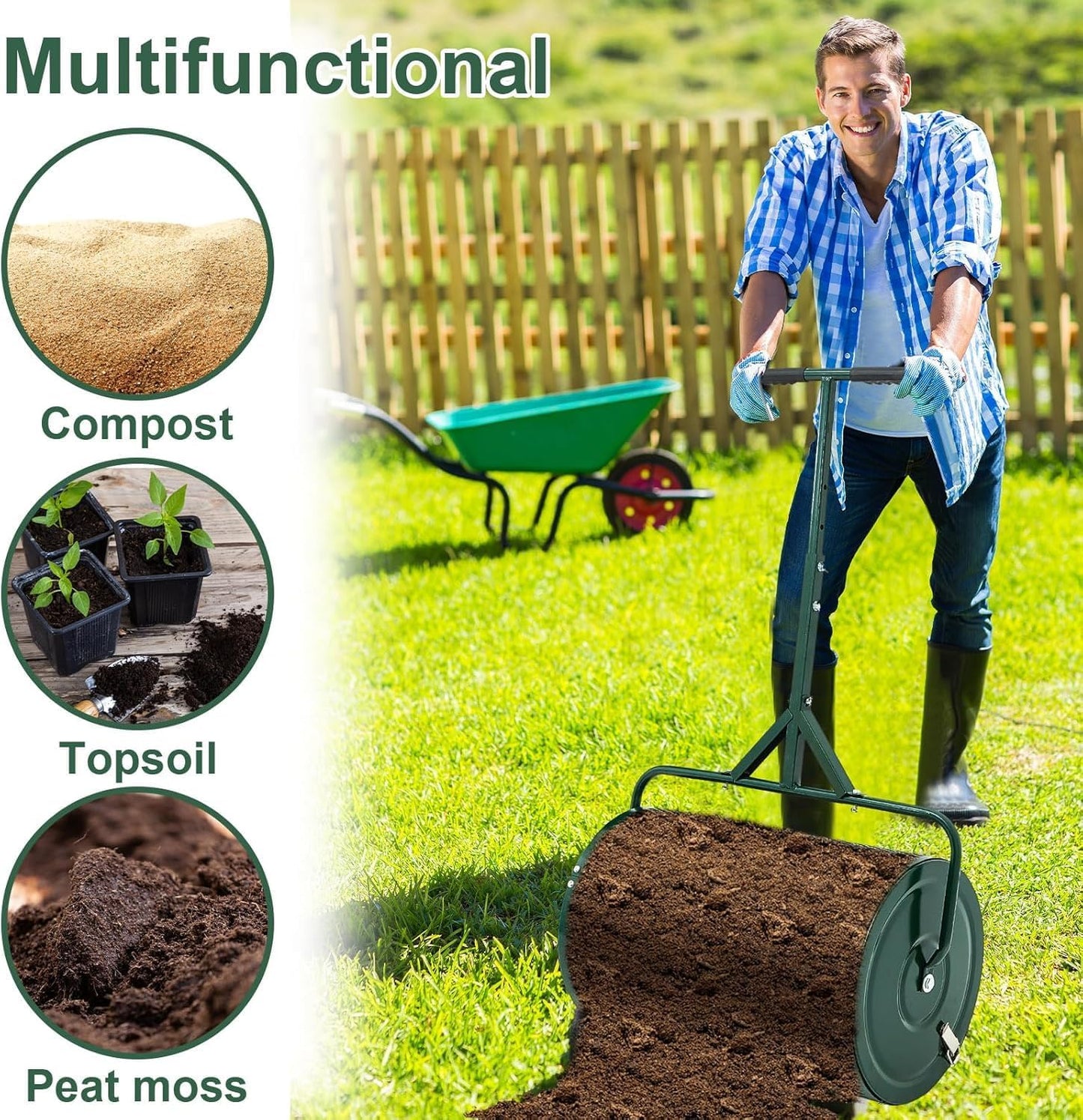 Compost Spreader, Durable Lawn Roller, Manure Spreader with Upgrade T Shaped Handle,Top Soil Spreader for Lawn and Garden Care Manure Spreaders Roller (12.5 Inch-T-Green-S)
