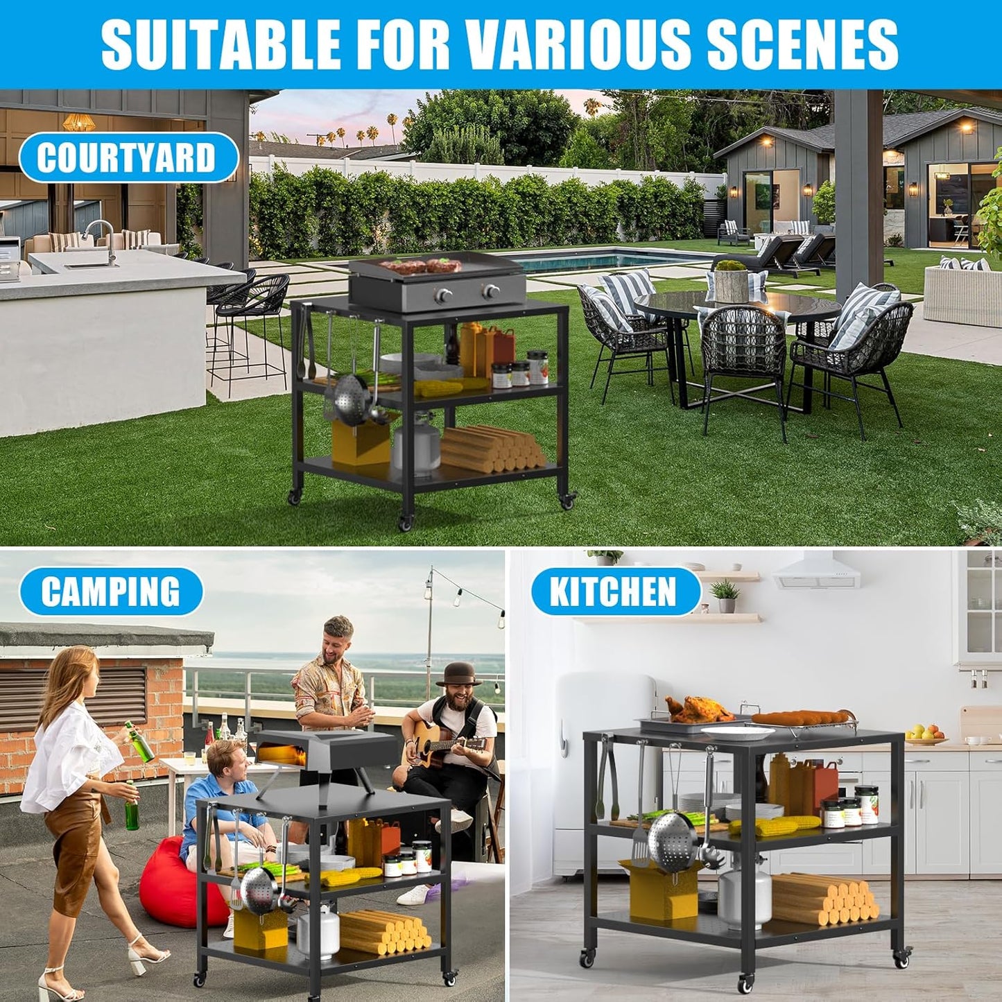 Outdoor Grill Cart Pizza Oven Stand Table with Wheels, Three-Shelf Movable Dining BBQ Food Prep and Work Cart Table, Kitchen Rolling Trolley Cart, Grill Tables for Outside with Waterproof Cover