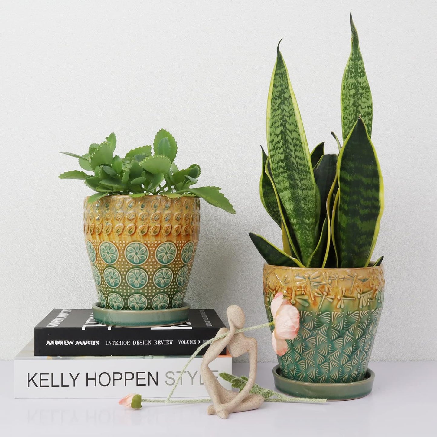 6 Inch Ceramic Planter with Drainage Hole and Saucer for Plants, Indoor-Outdoor Large Round Succulent Orchid Flower Pot, Set of 2