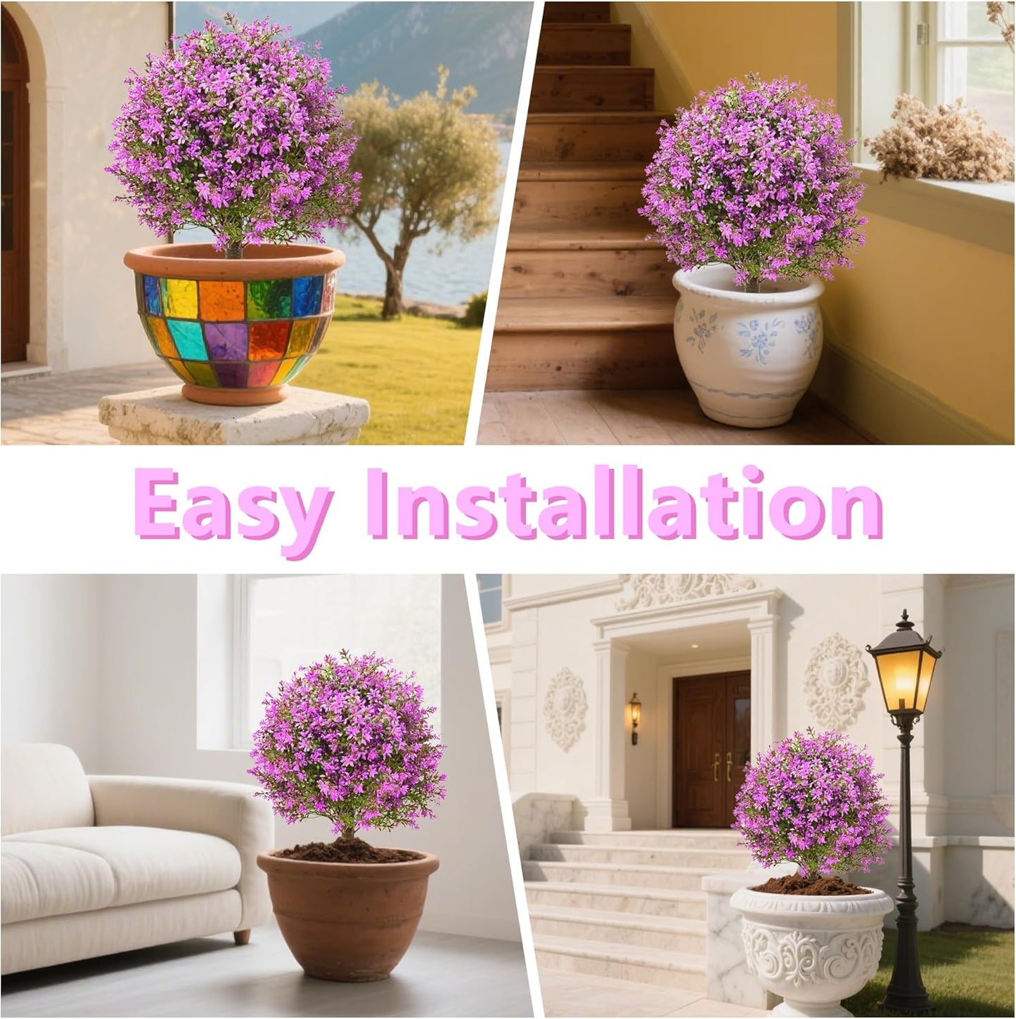 28" Artificial Boxwood Topiary Tree Purple, Set of 2 UV Resistant Fake Evergreen Shrubs Bushes with Ground Spike, Realistic Plants for Outdoor Indoor Front Porch Garden Home Decor