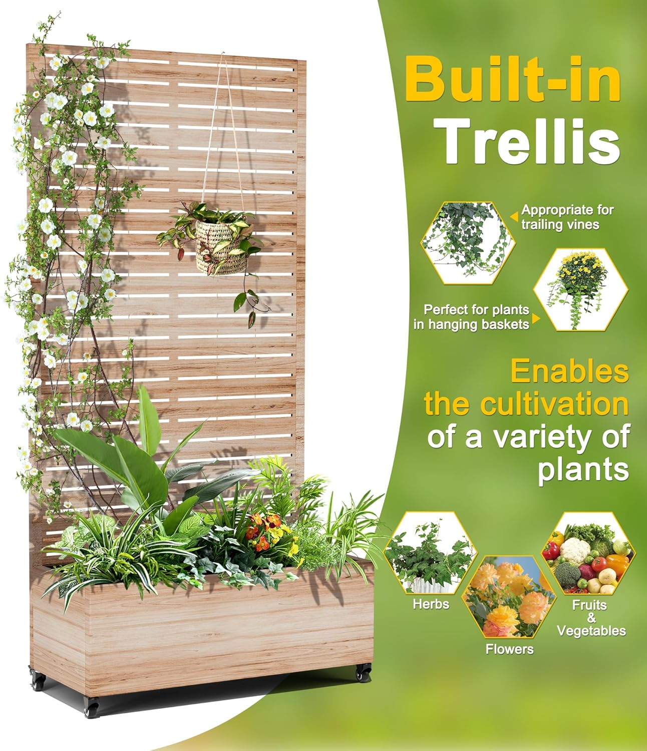 FENCY Metal Raised Garden Bed with Wheels and Trellis,73"x35"x16" Planter Box for Climbing Plants, Vegetables & Vines, Features Privacy Screen and Drainage Holes (Acacia Wood Finish)