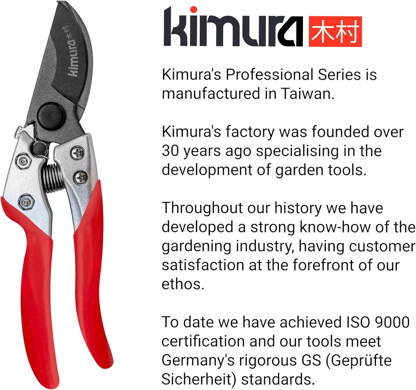 Kimura® 8" Pro Bypass Pruning Shears, Heavy Duty Japanese SK5 Steel Blades, 1 inch Cut Capacity, Non-Slip PVC Coated Handles, Lightweight & Ergonomic, Japanese Pruners, Professional Garden Clippers