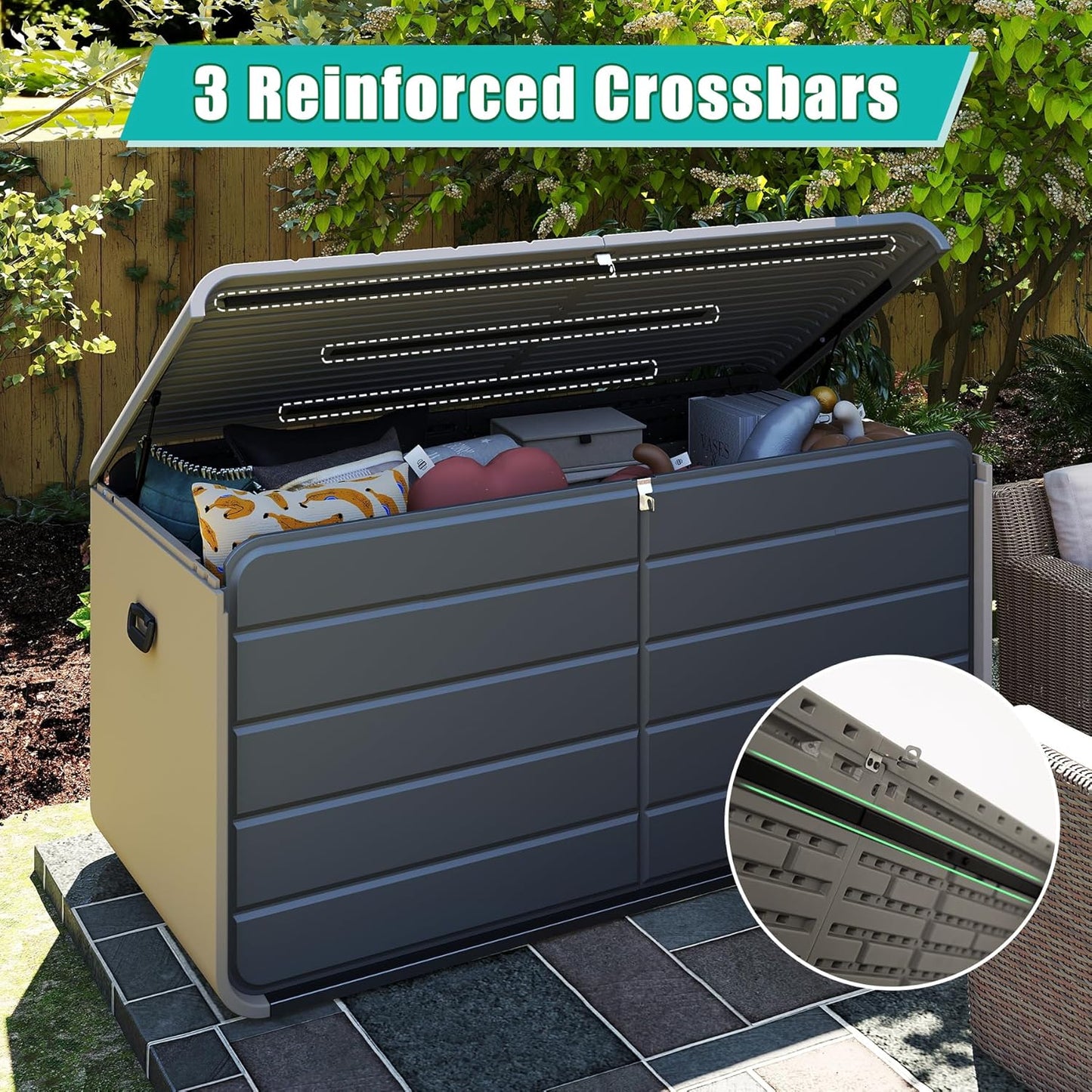 Domi 160 Gallon Resin Deck Box, Waterproof & UV-Resistant Outdoor Large Storage Box Lockable Storage Bin for Patio Cushions Pool Supplies Garden Tools and Delivery Storage