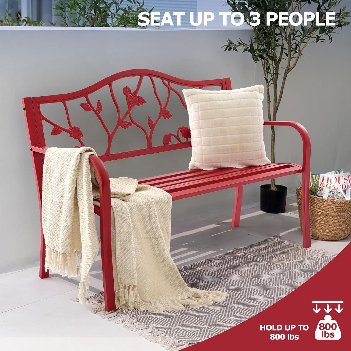 50” Strawberry Outdoor Garden Bench, Weatherproof Sturdy Cast Iron Metal Frame Patio Park Bench for Porch Yard Lawn Deck Park (Red Strawberry Style)