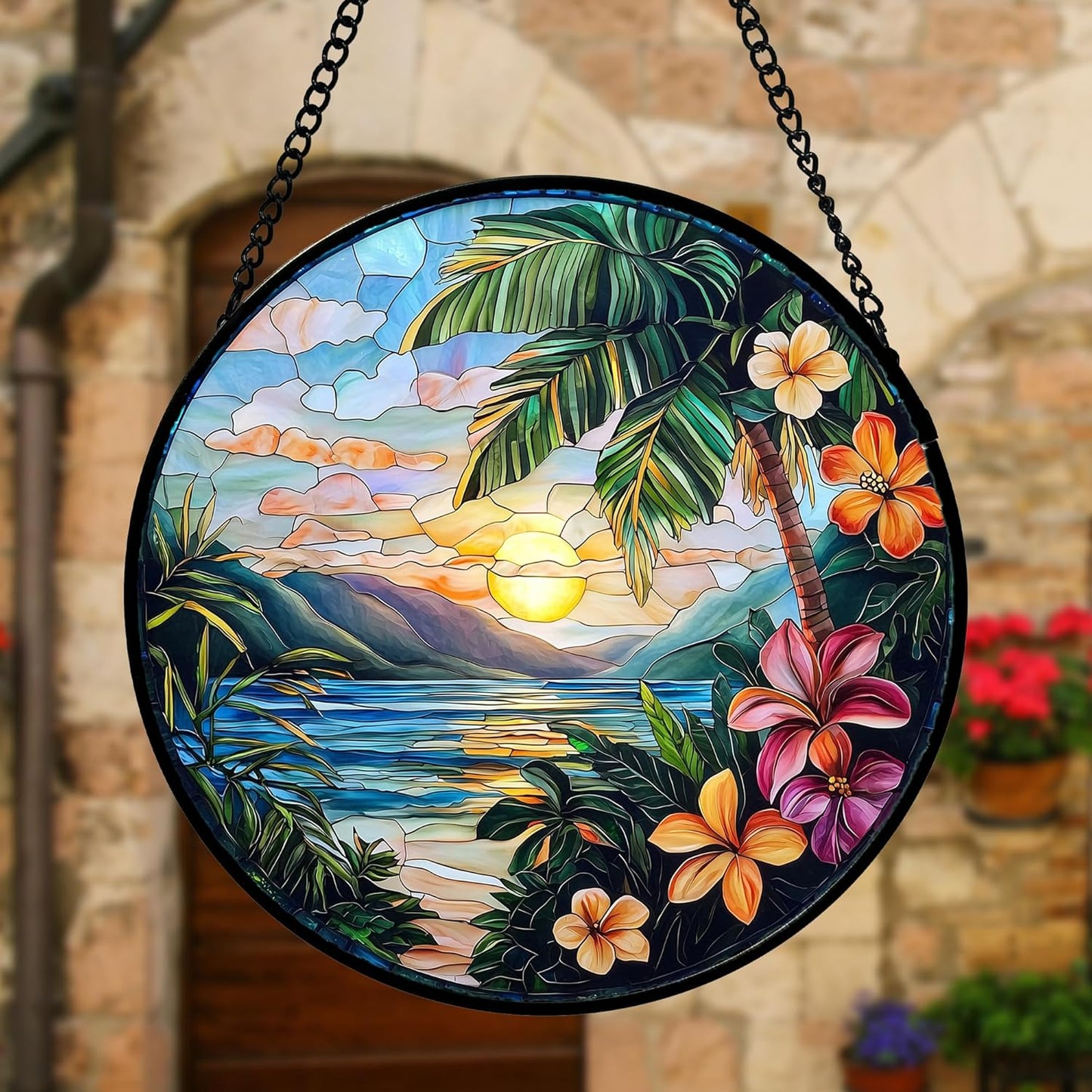 Stained Glass Window Hanging, Colorful Landscape Suncatcher for Doors Home Sun Catchers Decoration and Christmas, Mother's Day Birthday Gifts for Women, Men, and Mom 6.3 in