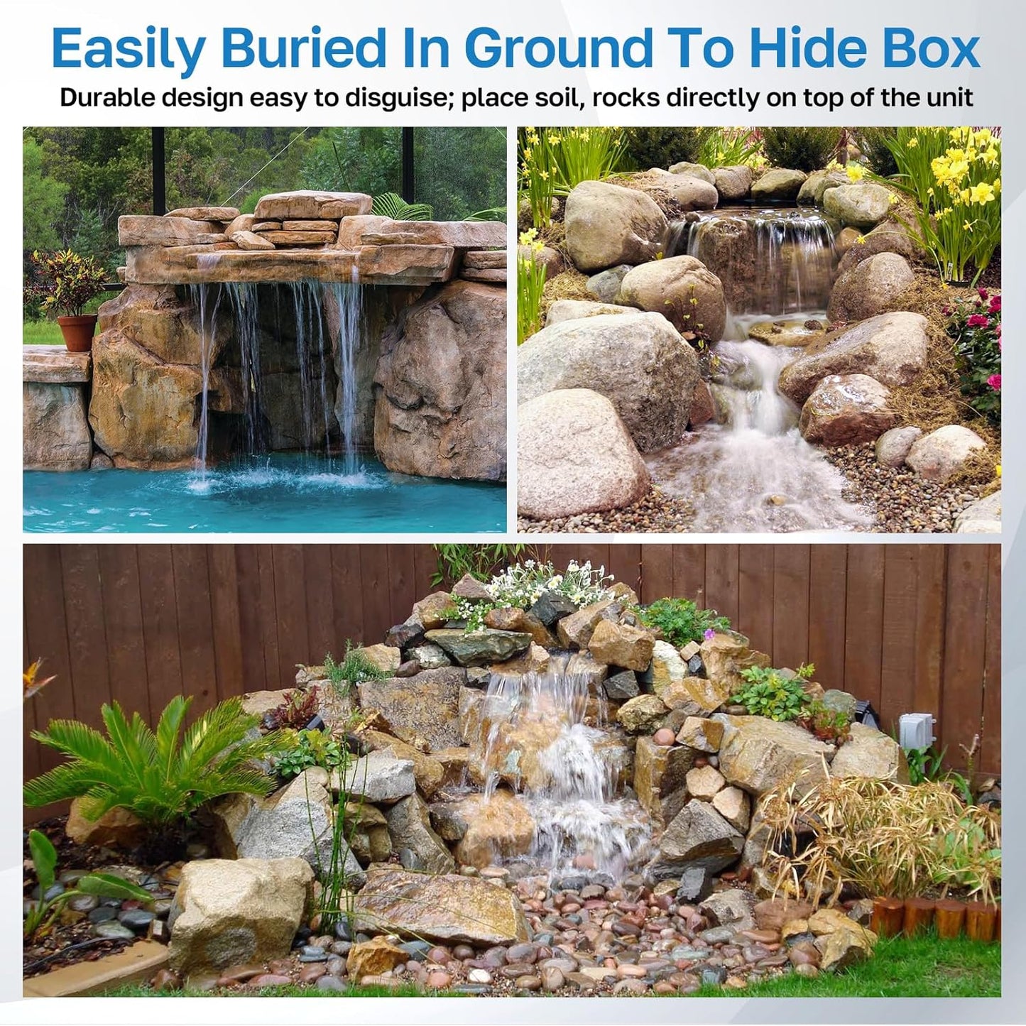 POPOSOAP Pond Waterfall Spillway Kit with 1200GPH Pond Pump & 10 Ft Corrugated Tubing, Filter Media, Pond Spillway for Outdoor Pondless Waterfall and Streams, Pondless Water Feature