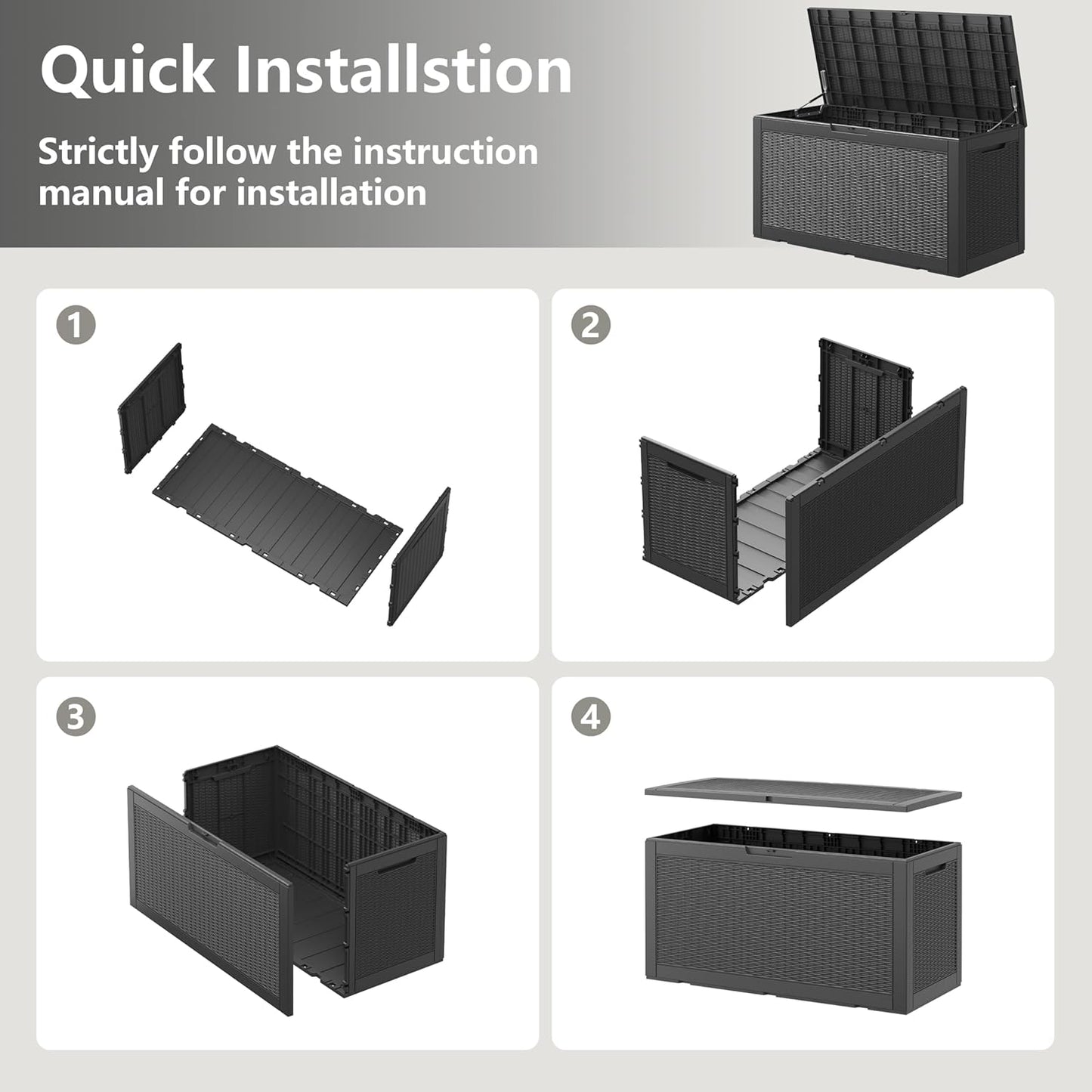 KAMABOKO 101 Gallon Waterproof Large Resin Deck Box, Lockable Large Outdoor Storage Boxes Indoor Outdoor Storage Container for Patio Cushions, Gardening Tools, Pool Supplies, Black