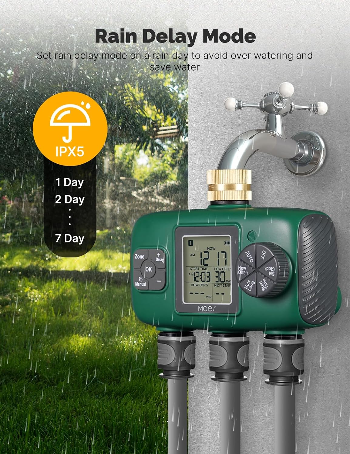 MOES 3 Outlet Sprinkler Timer, Brass Inlet, Programmable Automatic Irrigation Controller, Rain Delay, Manual Watering, 3 Zone Water Hose Timer for Gardens, Lawns, and Hose Systems
