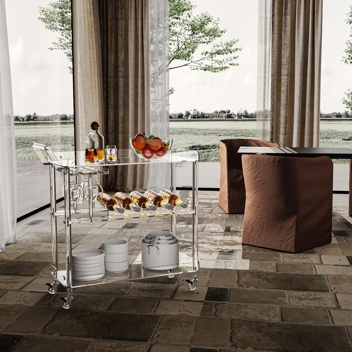 HMYHUM Acrylic Bar Cart with 4 Lockable Wheels, Clear Serving Cart with Wine Rack and Glass Holder, Rolling Beverage Cart for Home, Kitchen, Dinning Room, 33.7" L x 13" W x 34.8" H