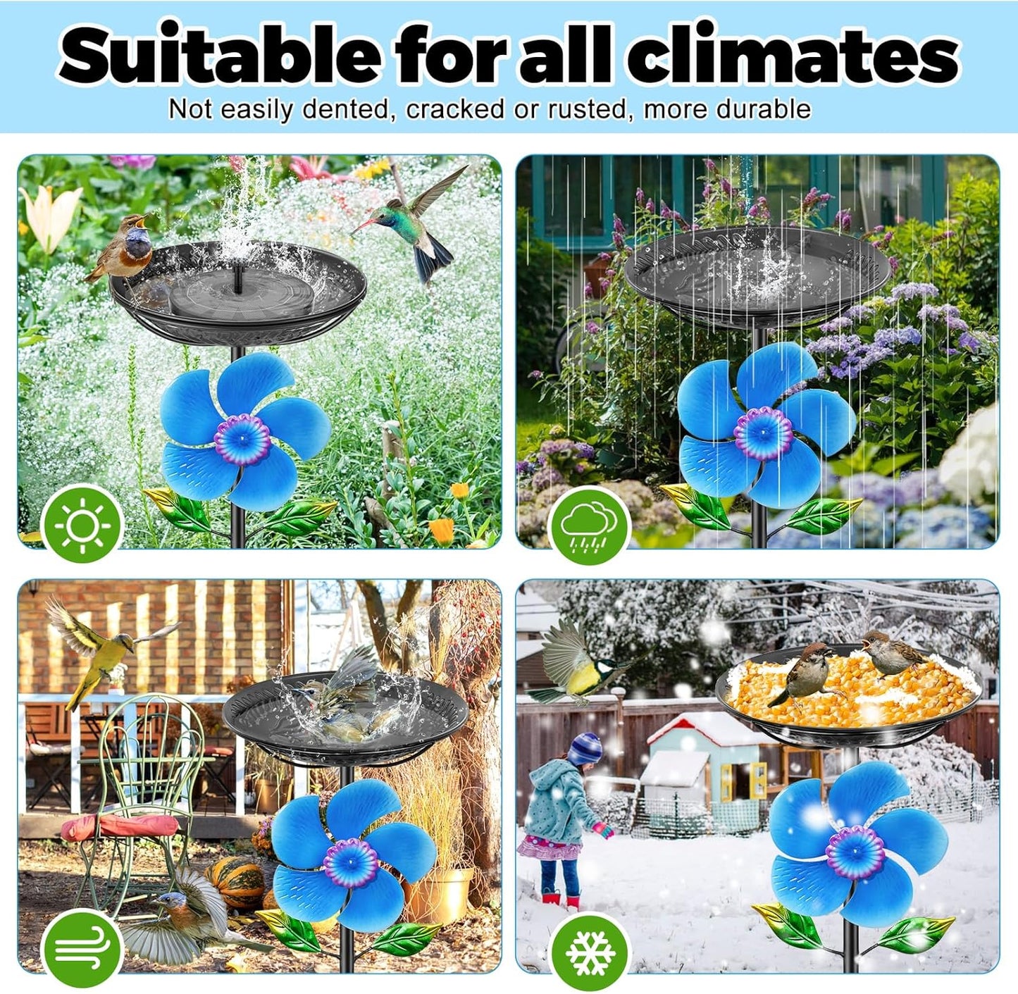 48.8“ Metal Bird Bath for Outside, Detachable Birdbath & Birdfeeder Feeder Bowl with Wind Spinner, Vintage Bird Baths for Outdoors Garden Yard Lawn Decor (Black+Windmill)