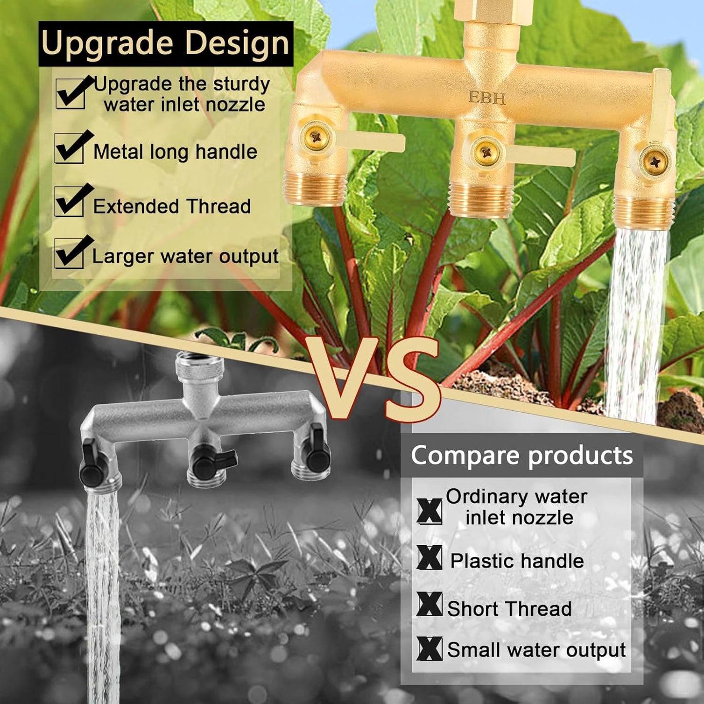 EBH Brass Garden Hose Splitter, 3 Way High Flow Outdoor Faucet Splitter,Full Flow 3-Way Brass Heavy Duty Hose Splitter With 3 Long Metal Handle and Individual On/Off Valve。