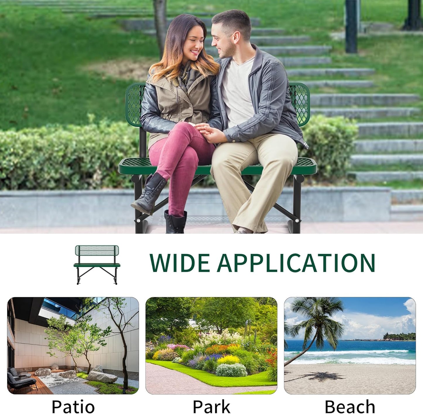 4/6/8 Feet Park Bench for Outside Heavy Duty Metal, Garden Benches Outdoor Bench with Backrest & Portable Frame, for Shopping Malls Stores Parks Patios Decks, Green