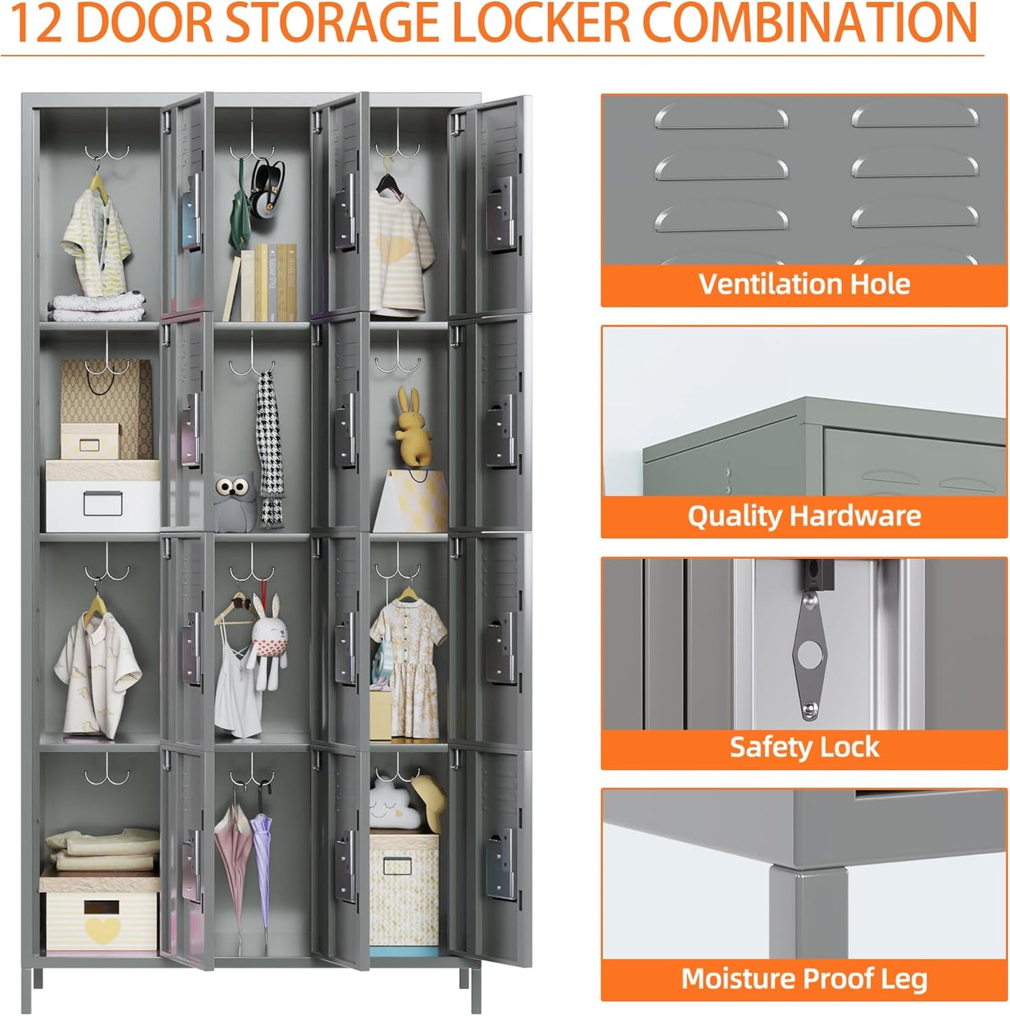 Aobabo 12 Doors Metal Storage Locker for Employees, Storage Locker with 12 Hooks for School Office Gym Bedroom, Grey, Assembly Required