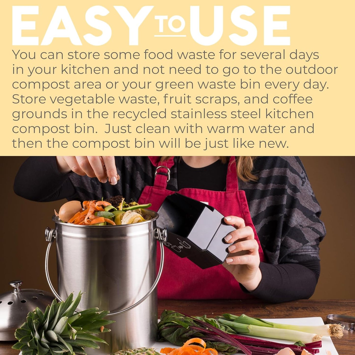 EPICA Countertop Compost Bin Kitchen | 1.3 Gallon | Odorless Composting Bin with Carbon Filters | Indoor Compost Bin with Lid | Stainless Steel Kitchen Composter for Food Scraps & Waste Recycling