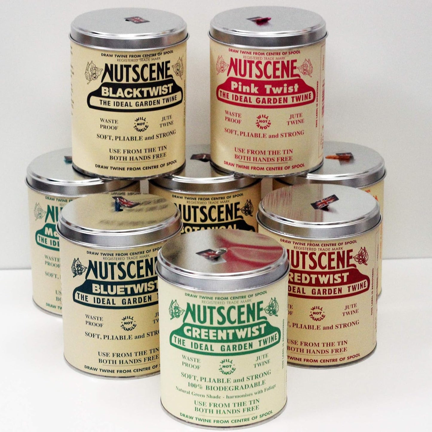 NUTSCENE Iconic Tin (Tin ‘O’ Twine) with Their Heritage Scottish Jute Twine and Hole in Top for Easy Dispensing. 14 Colors to Choose from. 164 Yards. (Orange)