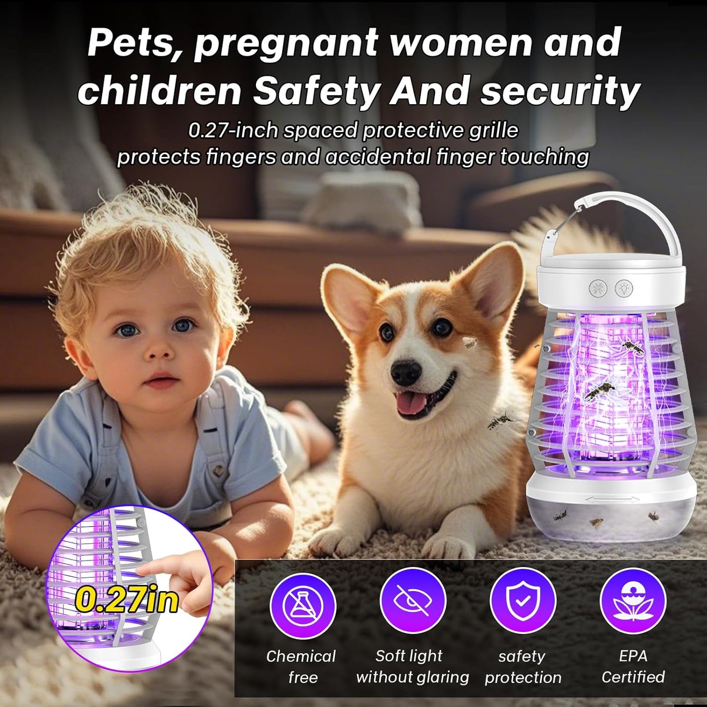 Upgraded Fly Traps,3 in 1 Bug Zapper Outdoor & Indoor, Electric Mosquito Killer Lamp with 2000V Grid & On/Off Switch, Mosquito Traps for Kitchen, Patio, Backyard, and More (White)