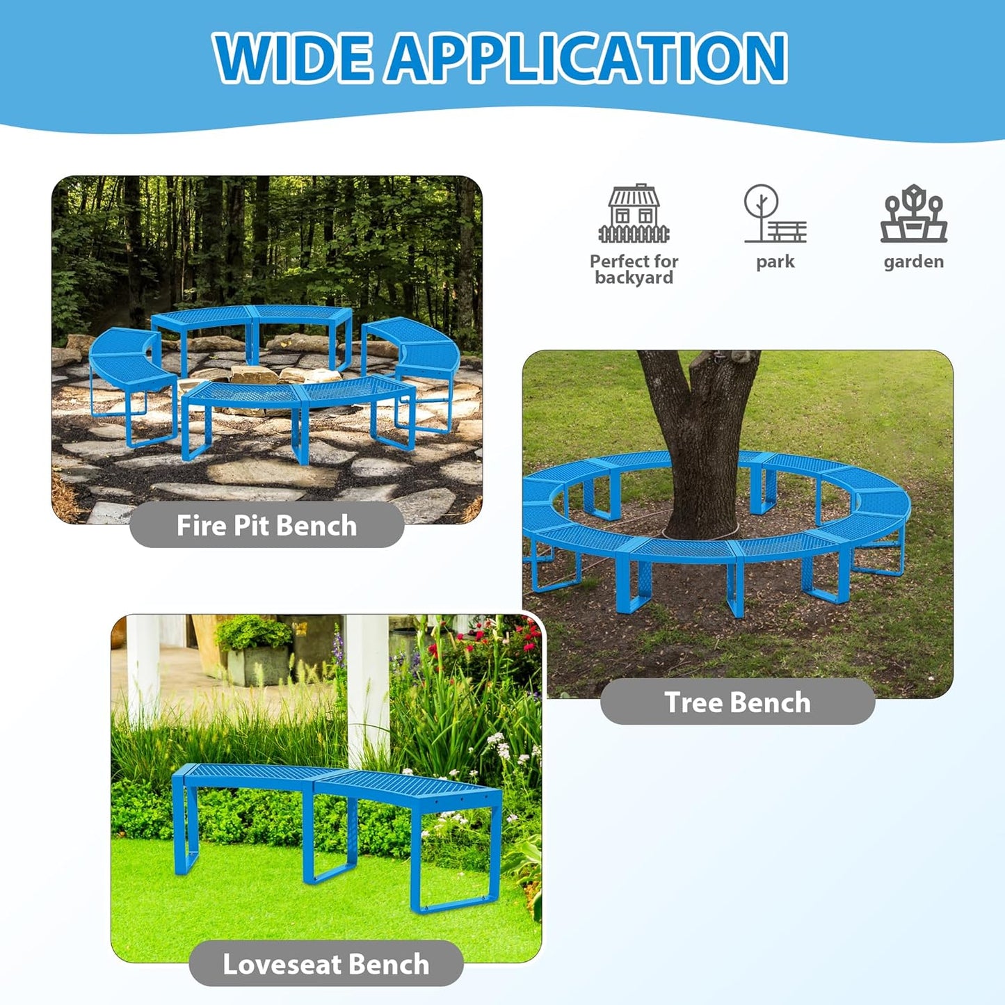 2 Pack Outdoor Curved Bench, Heavy Duty Metal Park Bench for Outside, Backless Loveseat, Thermoplastic-Coated, Weatherproof Commercial-Grade 2-Person Seating for Park, Patio, Garden, Deck, Beach,Blue