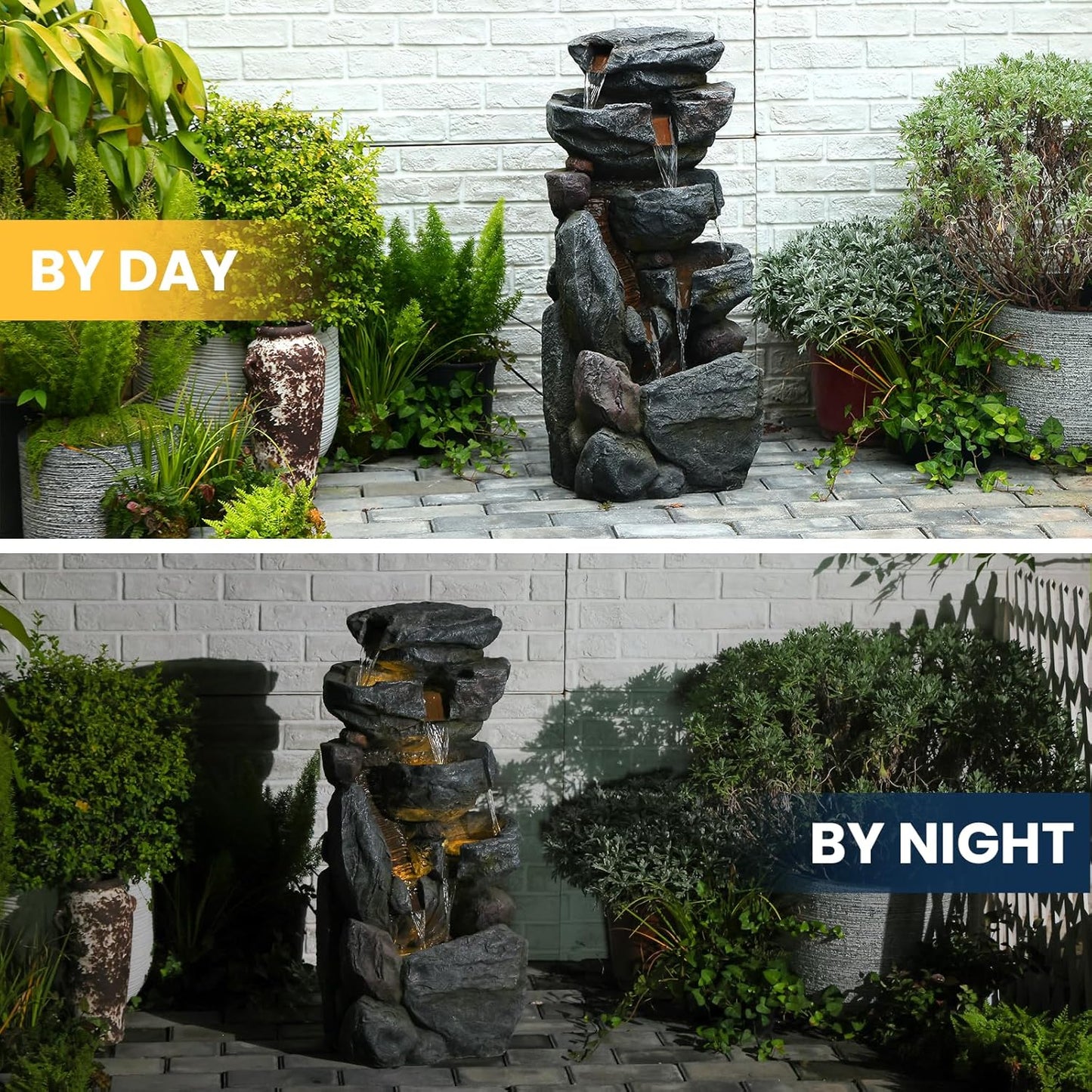 The 5-Tiered Rock Water Fountain Outdoor&Indoor, 31.5’’H Floor-Standing Garden Fountains, Stone Feature and Waterfall with Lights for Patio, Backyard, Deck, Porch, Home DéCor, Gray