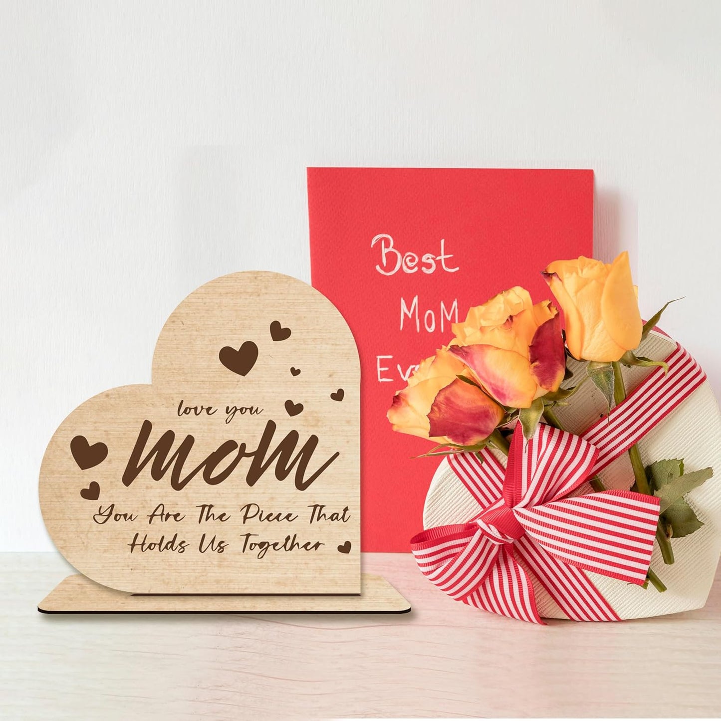 Mom Gift – “You Are The Piece That Holds Us Together” Heart-Shaped Wooden Plaque, Rustic Desk Decor, Sentimental Wooden Sign for Mother.(050)