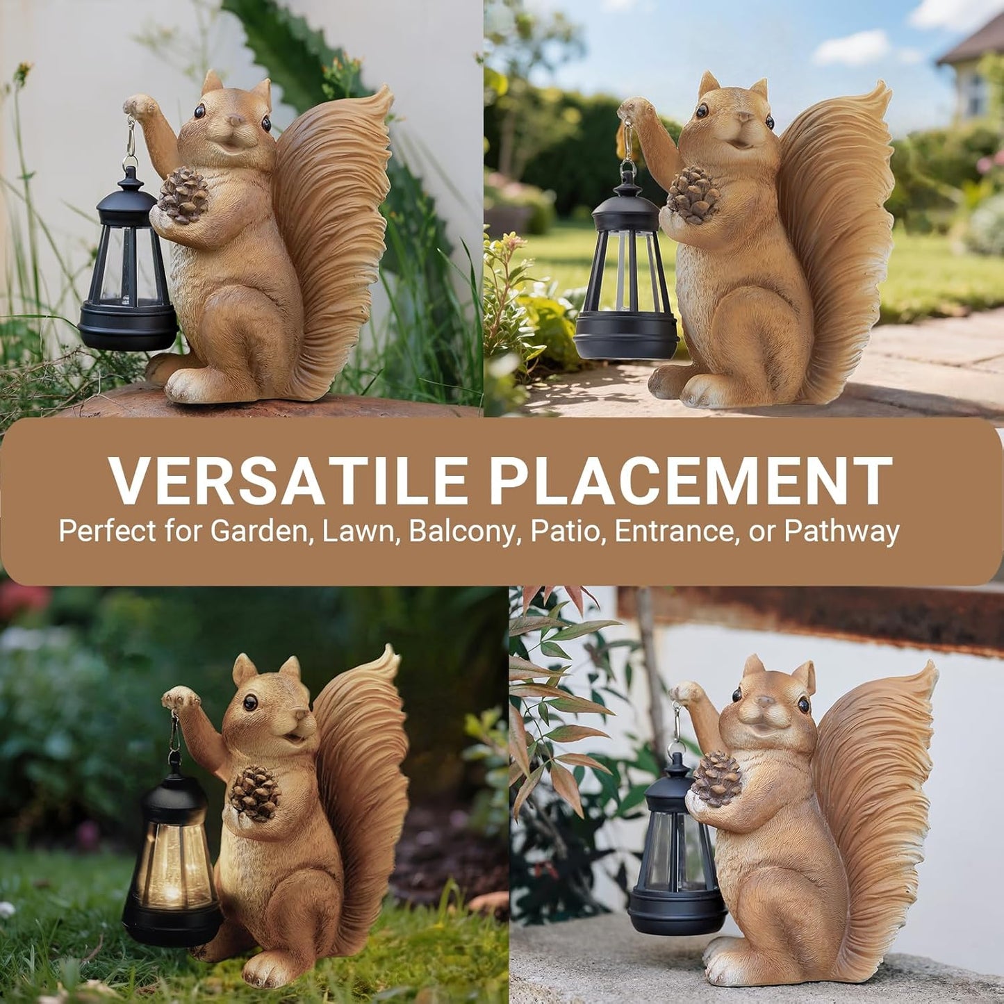 Solar Squirrel Garden Statue Outdoor Decor, Squirrel Sculpture with Lantern for Yard Lawn Patio Balcony, Birthday Housewarming Gifts for Mom, Grandma, Women, Brown,Resin