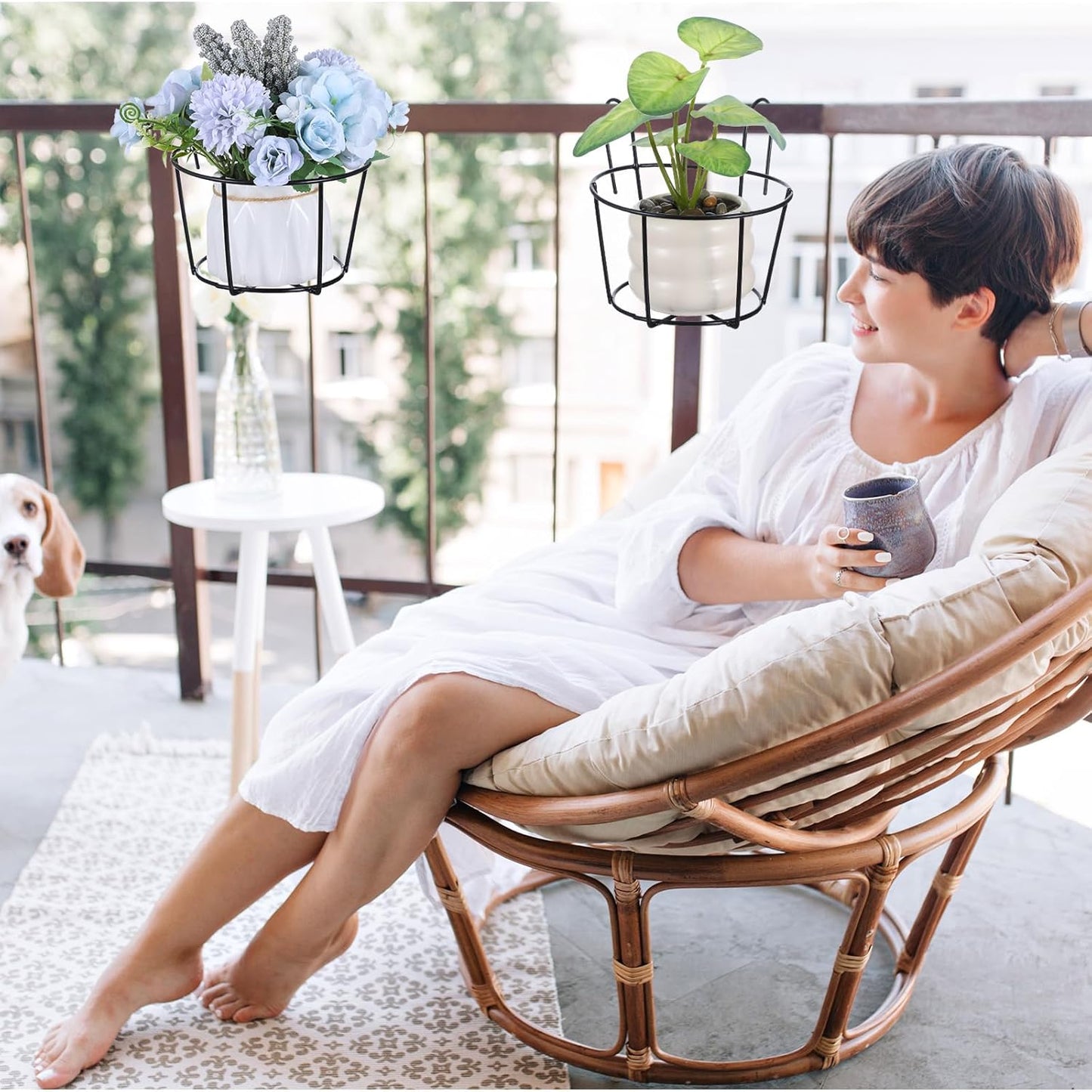 6 PCS Hanging Railing Planter, Balcony Hanging Planters, Metal Railing Planter - Black Iron Flower Pot Holders for Outdoor, Garden, Fence, Porch