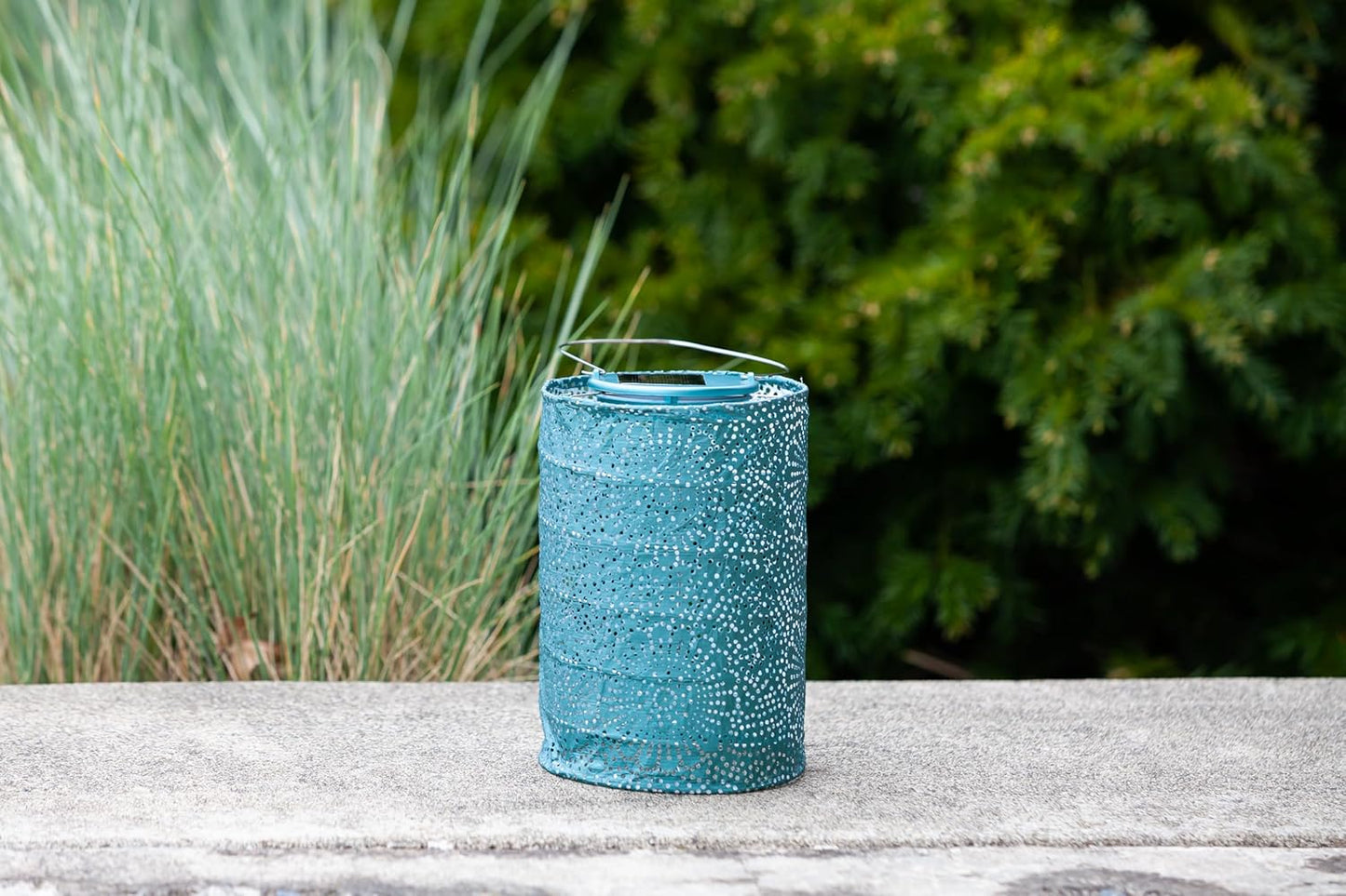 Allsop Soji Stella - Tin Art' Punched Luminaria - Cylinder - 7.5" - Outdoor Solar Latern - Metallic Emerald