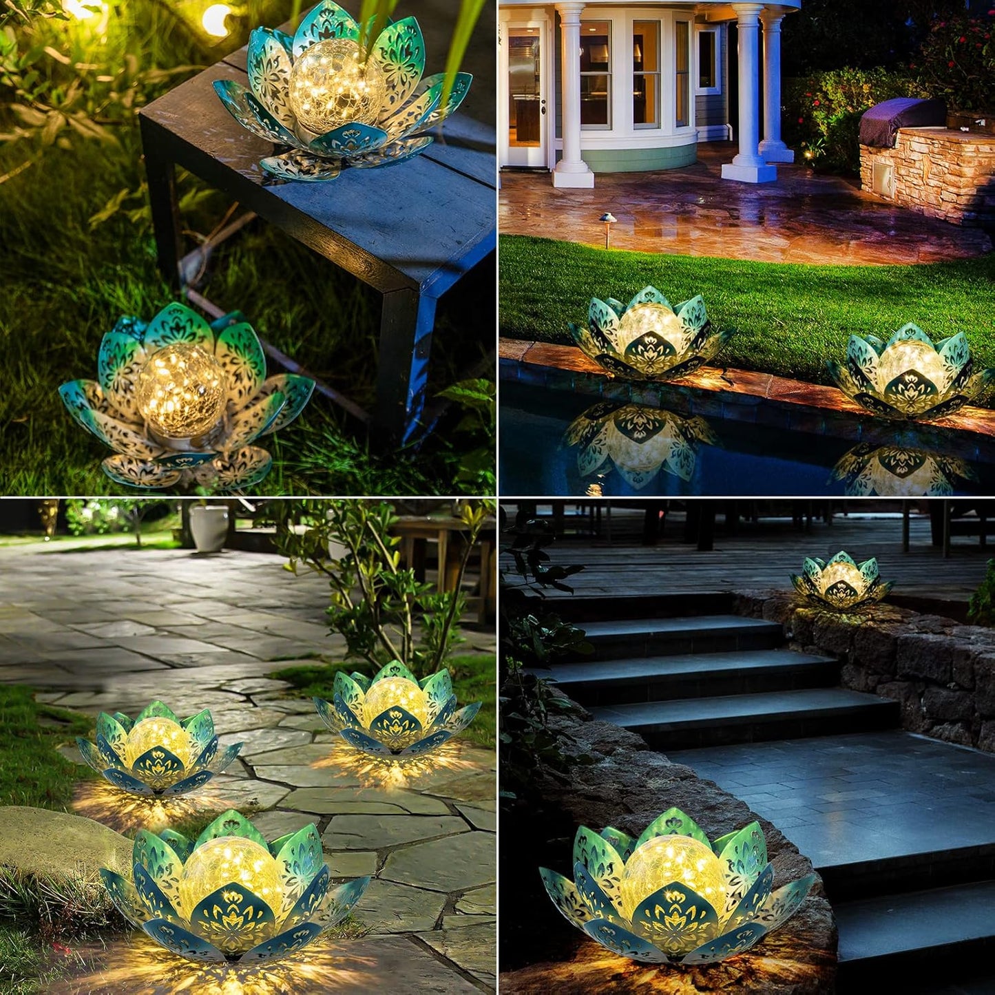 Huaxu Solar Lights Outdoor Decorative - Bright Blue Lotus Flower Table Lamp, Glass Globe 30 LED Waterproof Metal Decorations Gifts for Mom Women Garden Patio Pathway Yard Balcony Outside Decor