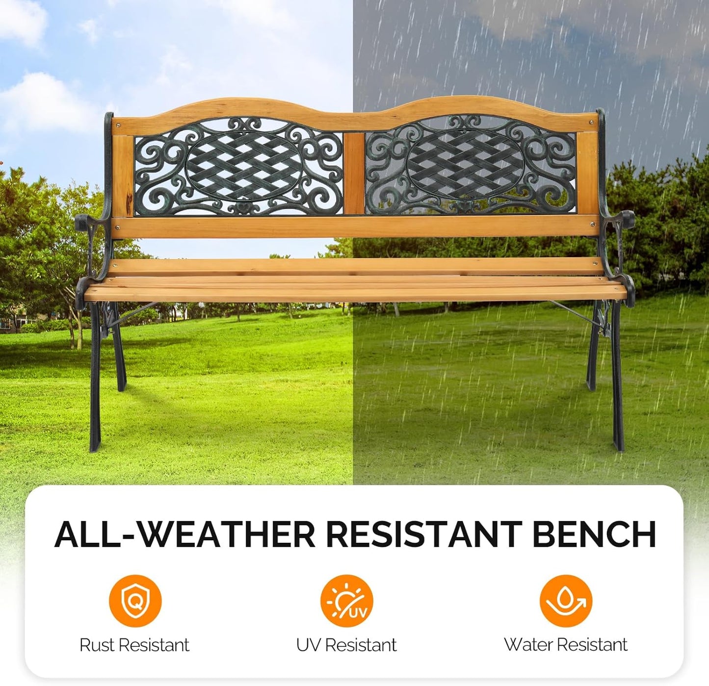 VINGLI Outdoor Bench Metal Garden Bench Front Porch Bench, Wood Patio Bench w/PVC Backrest Cast Iron Love Seat Park Benches (Arched Back)