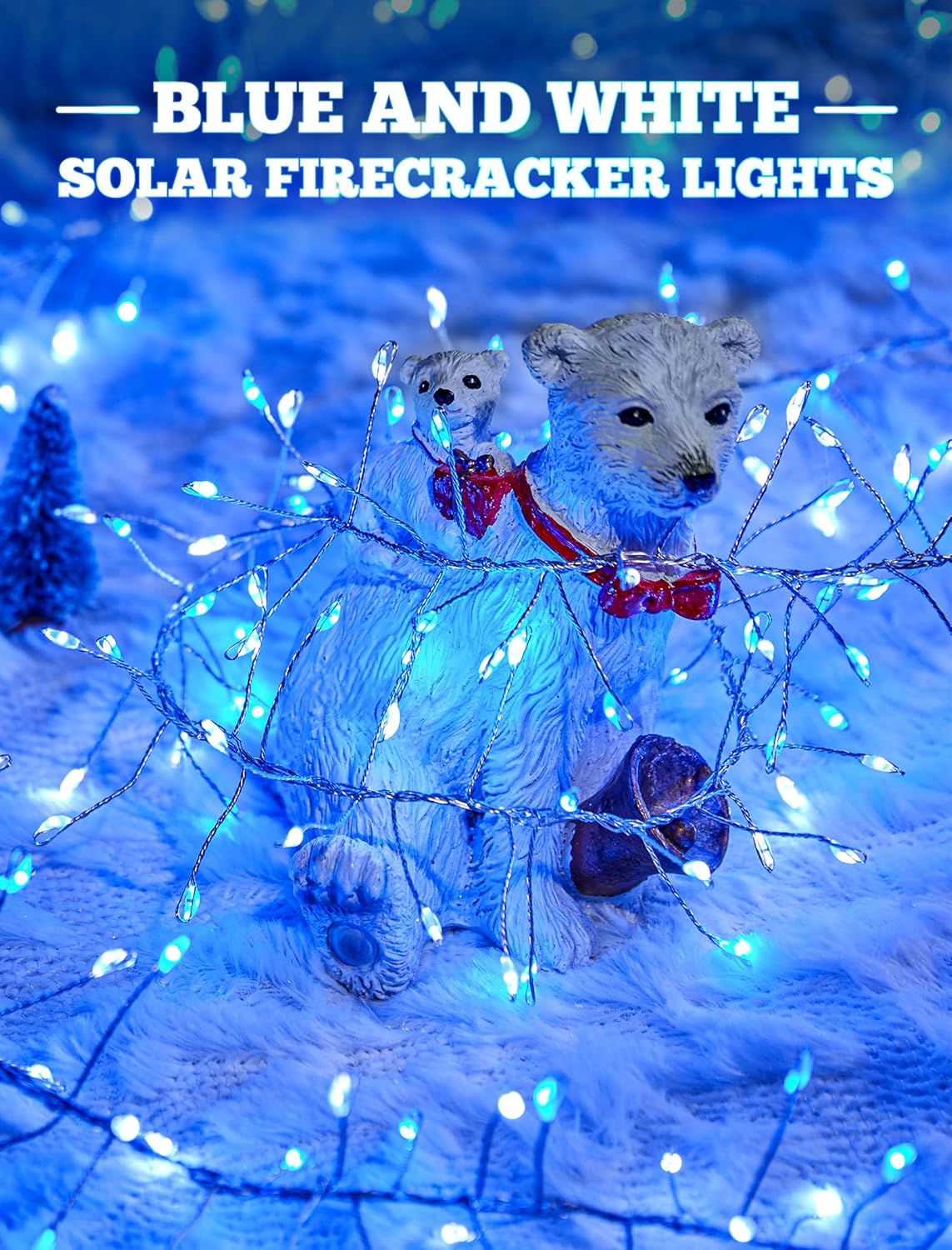 Brightown Solar Lights for Outside, 19.6Ft 240 LED Solar String Lights Outdoor Waterproof, 8 Modes Firecracker Balcony Lights for Tree Patio Christmas Party Wedding Decor (Blue and White)