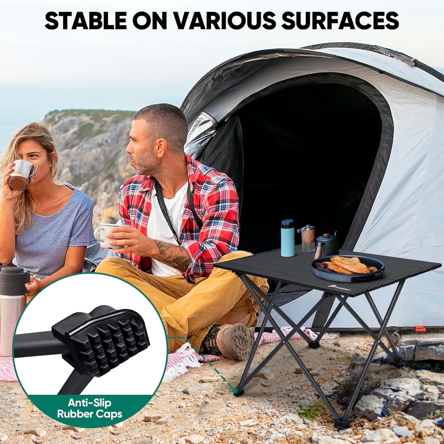 PTEROMY Medium Folding Camping Table, Portable Beach Table with Ultralight Aluminum Tabletop for Travel, Outdoor, Camping, Picnics, and BBQs (Black)