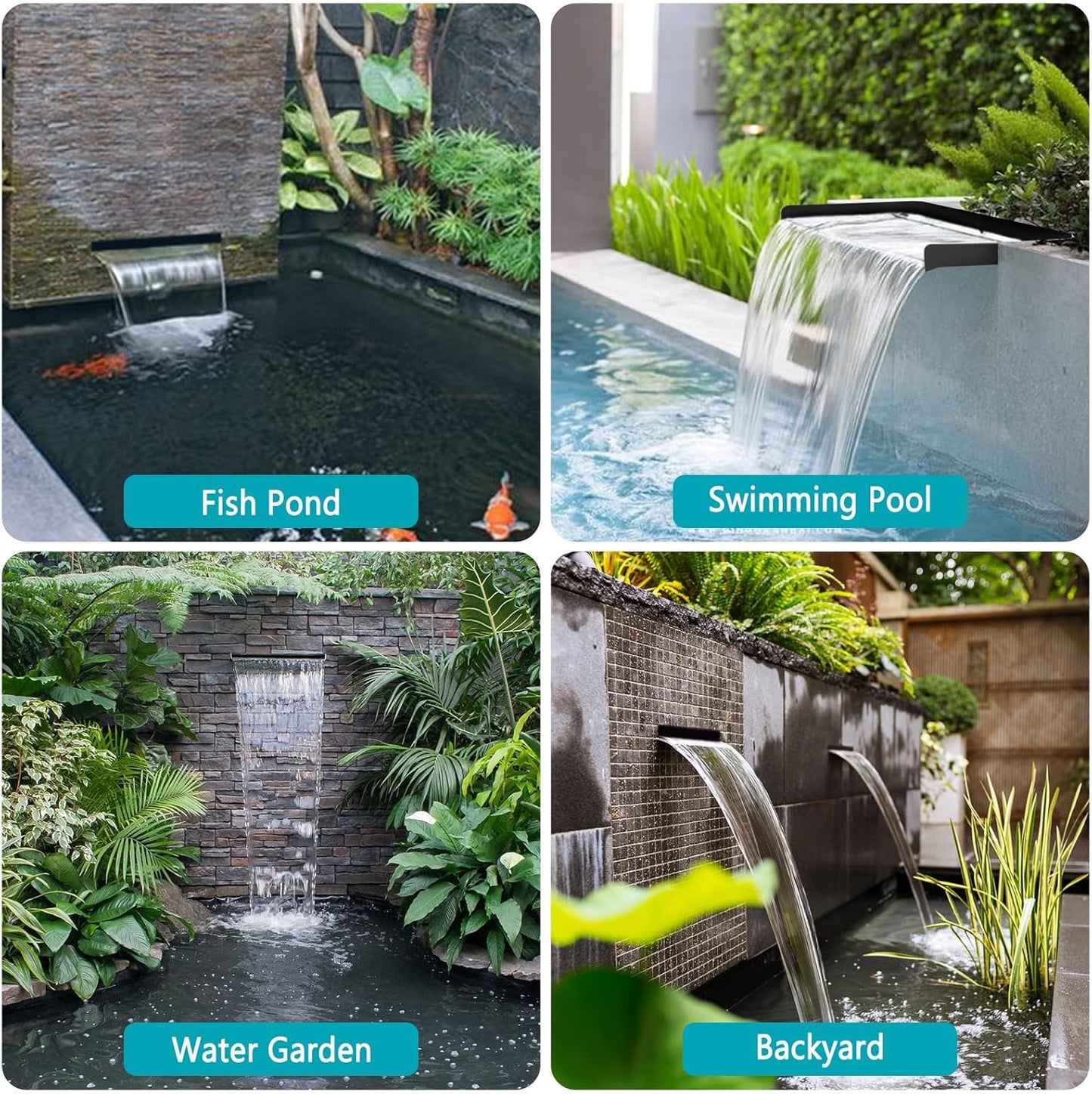 All-in-1 Pond Waterfall Kit with LED Lights, 8 inch Stainless Steel Spillway with 600GPH Water Pump, Outdoor Waterfall Fountain for Water Feature, Garden, Backyard, Pool
