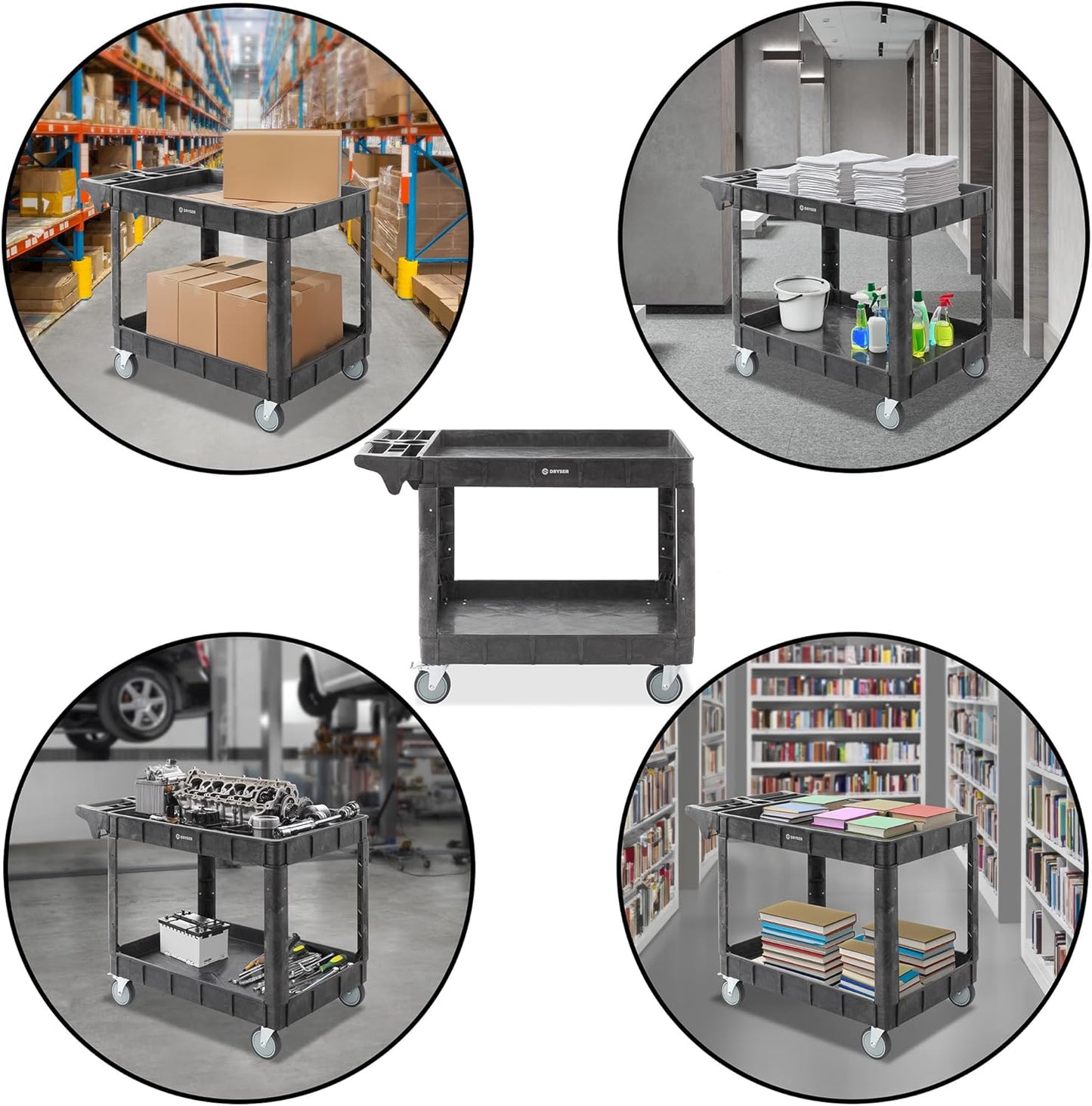Dryser Utility Cart with Wheels, 46" x 25" Heavy Duty 550 lb. Capacity with Shelves - 2 Tier Rolling Cart with Four 5" Swivel Casters for Warehouse, Garage, Cleaning
