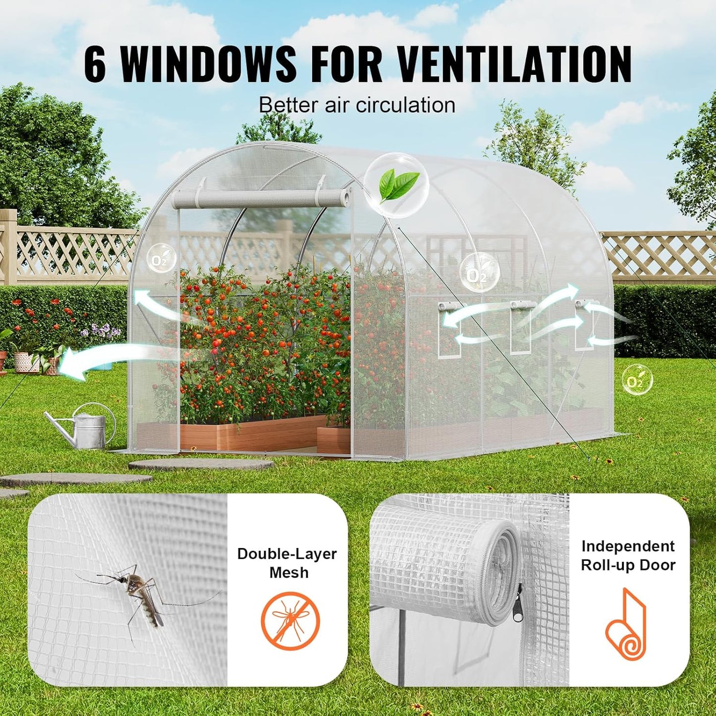 VEVOR Walk-in Tunnel Greenhouse, 9.6x6.4x6.2 ft Hoop House Greenhouse Tunnel, Plant Hot House with Galvanized Steel Frame, White PE Cover, Roll-up Zipper Door and 6 Windows for Outdoor