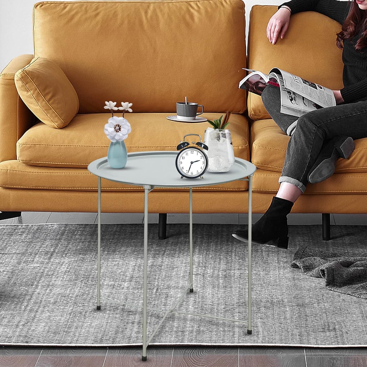 Garden 4 you End Table Outdoor Side Table, Small Patio Table Metal Side Table, Round Folding Side Table, for Outdoor and Living Room,Blue