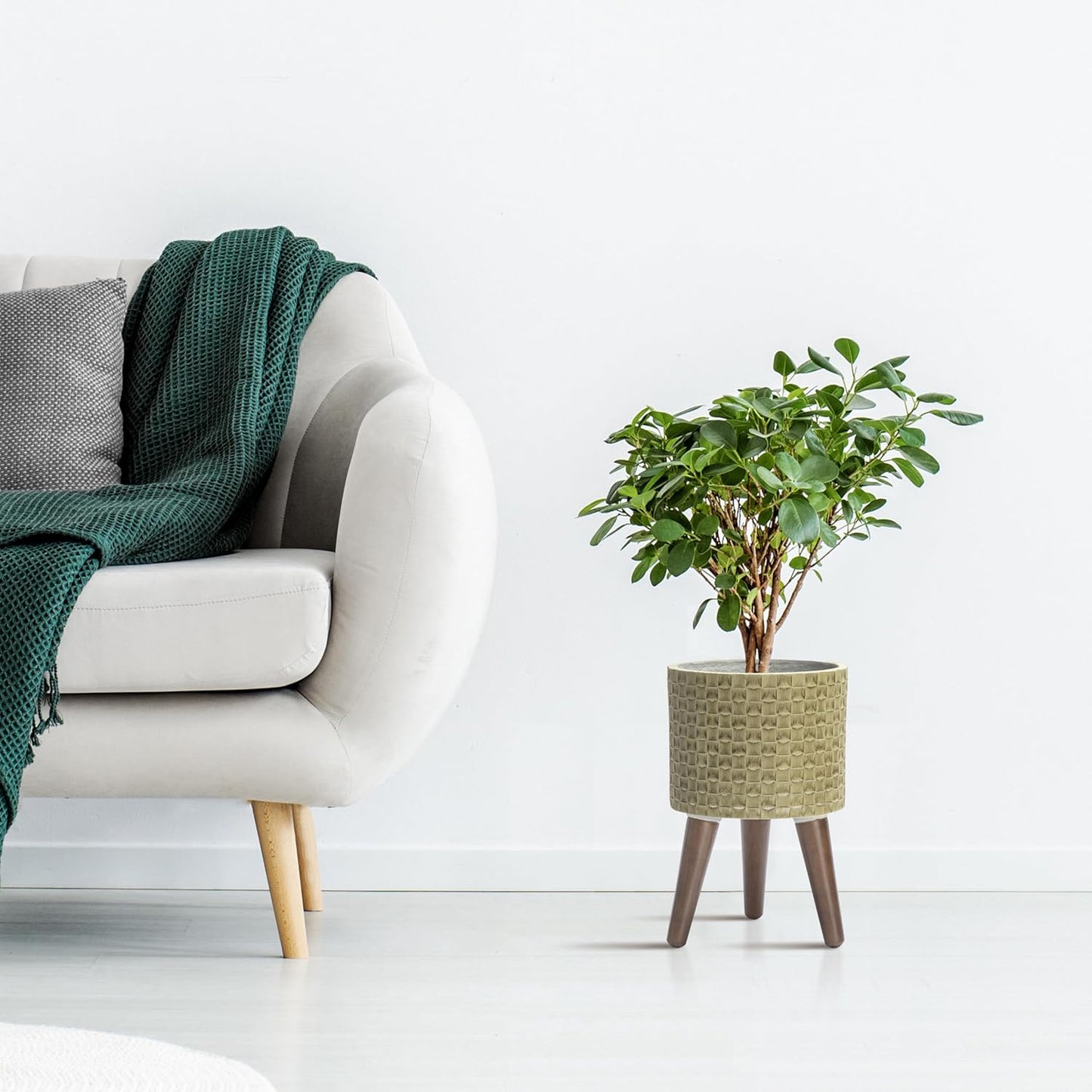 D'vine Dev 8 Inch Modern Geometric Tile Patterned Sleek Planter Pot with Stand, Indoor Outdoor Decorative Plant Holder, Distressed Olive, 88-Z-A-4