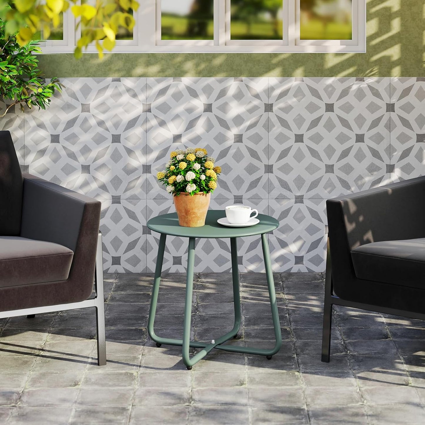 HollyHOME Round Metal Side Table, Rust-Resistant Patio Small Plant Stand, Outdoor 17.32'' Portable End Table for Balconies, Gardens, Living Rooms and Bedrooms, Atrovirens