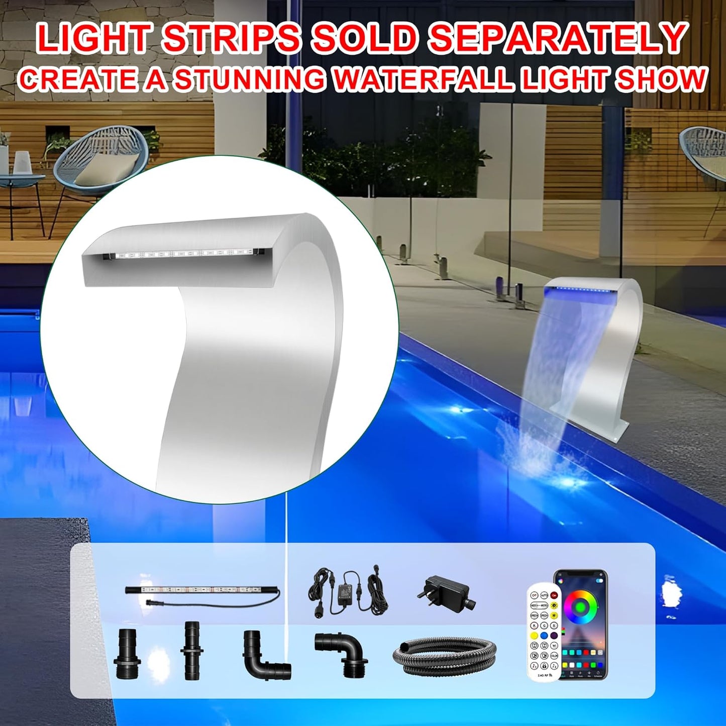 Pool Waterfall Fountain Stainless Steel Fountain 22.60'' x 10.55'' x 14.57'' Silver Pool Fountains for Ground Pools Garden Outdoor Waterfalls Sheer Descent Pond Water Feature