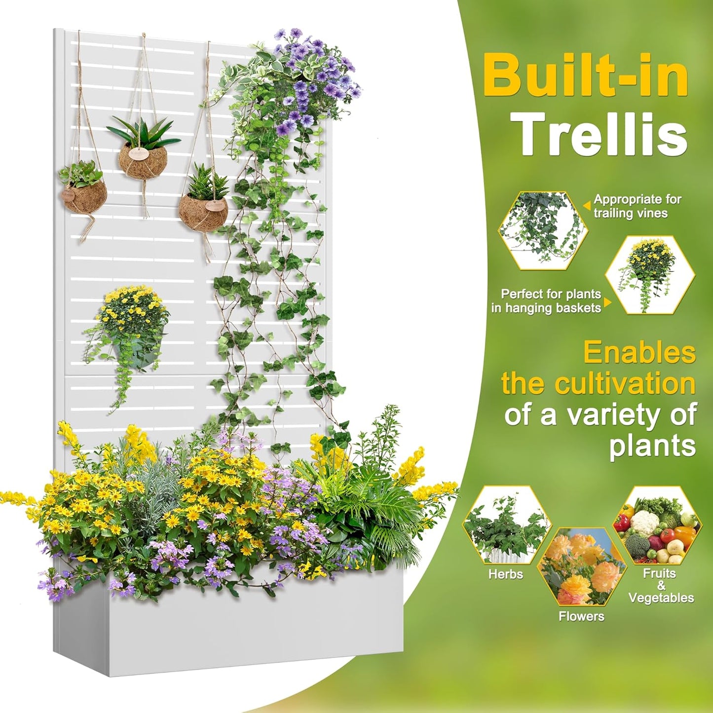 FENCY Metal Raised Garden Bed with Trellis, Metal Planter Box with Trellis, Garden Box for Climbing Plants Vegetable, 35" Lx16 Wx71 H Garden Bed with Drainage Holes(White-Louvered)