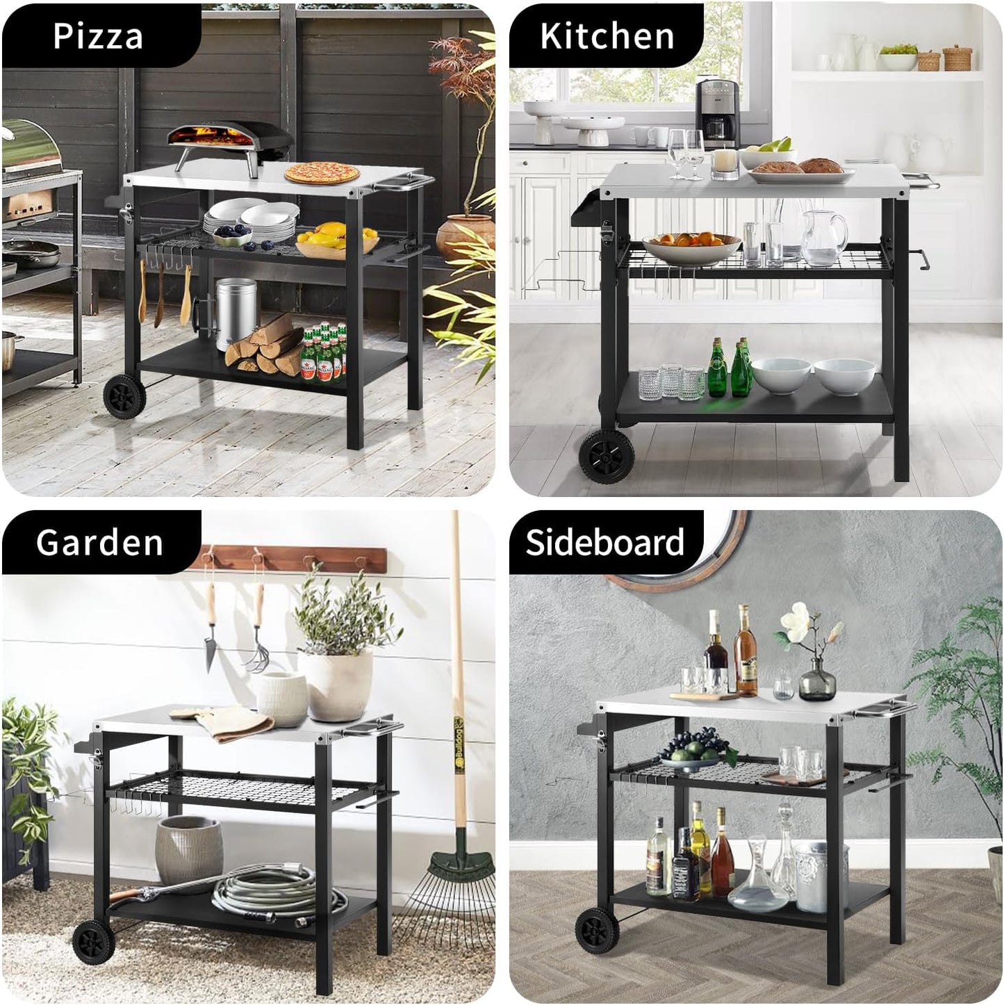 Dining Cart Table with Three Shelf, Movable Outdoor BBQ Grill Table Pizza Oven Stand with Three Hooks, Kitchen Cart Island Multifunctional Food Prep Table for Inside and Outside (Sliver)