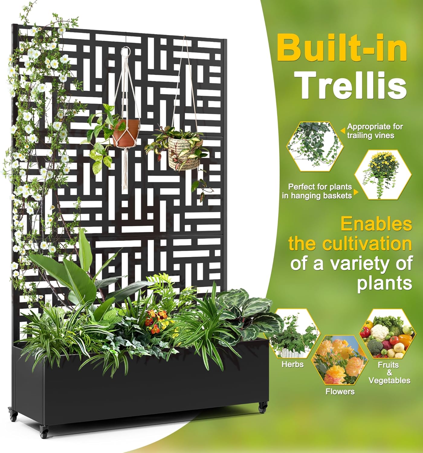 FENCY Metal Raised Garden Bed with Wheels and Trellis,73"x47"x16" Planter Box for Climbing Plants, Vegetables & Vines, Features Privacy Screen and Drainage Holes (Black-Geometric Lattice)