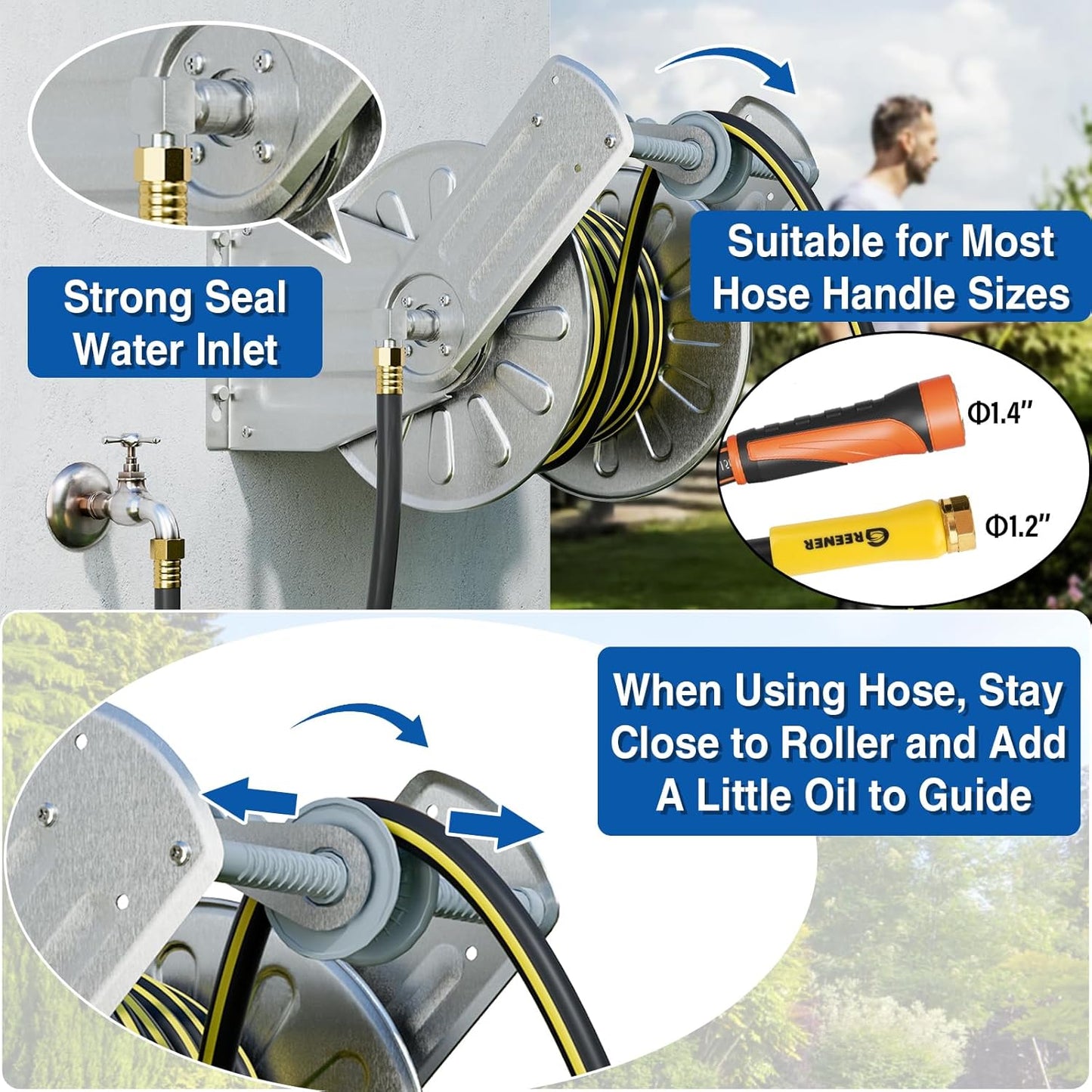 GREENER Stainless Steel Hose Reel For Outside,Wall Mount Garden Hose Holder Heavy Duty Metal Water Hose Reel, 3/4" Solid Connector with 5/8" Inlet Hose and Crank,80-Feet 1/2" Capacity