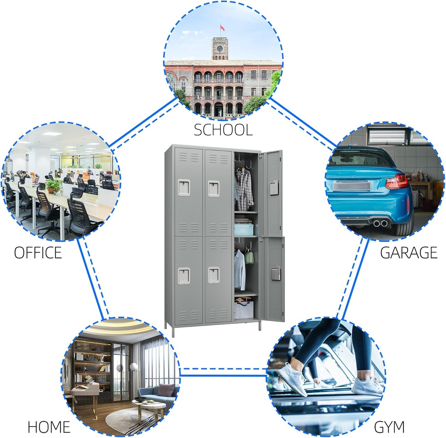 6 Doors Metal Lockers for Employees with Lock,Metal Storage Locker for Employees with 18 Hooks for School,Office, Gym,Home,Assembly Required,6 Doors Light Grey