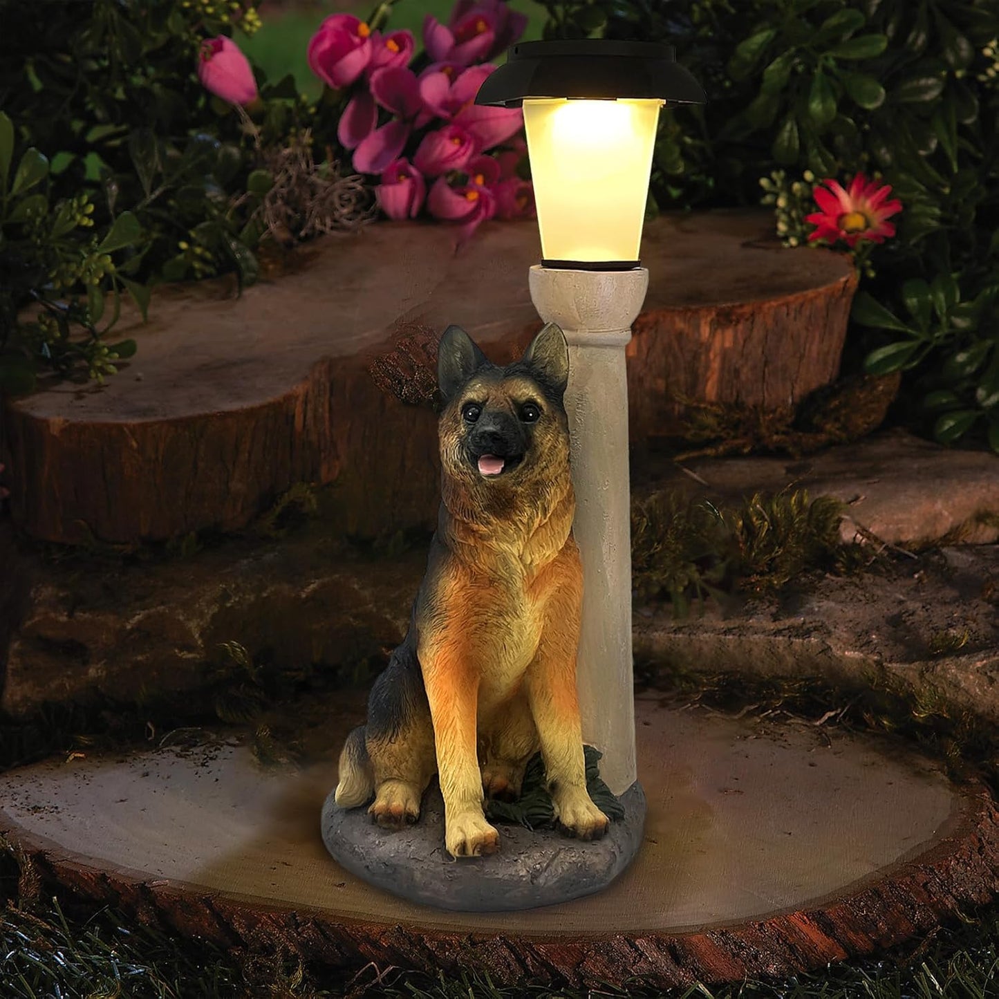 Solar Dog Garden Statues with Lantern, Resin German Shepherd Sculpture with Warm White Light for Outside Lawn Porch Patio