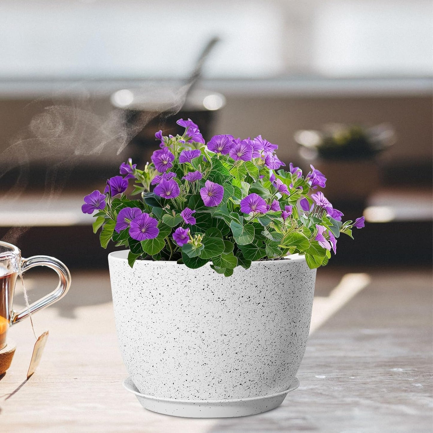 Plant Pots 12 inch, Plastic Planters with Drainage Holes and Saucers, Large Flower Pots for Indoor Outdoor Plants, Modern Decorative Pots for Garden House Plants, Speckled White