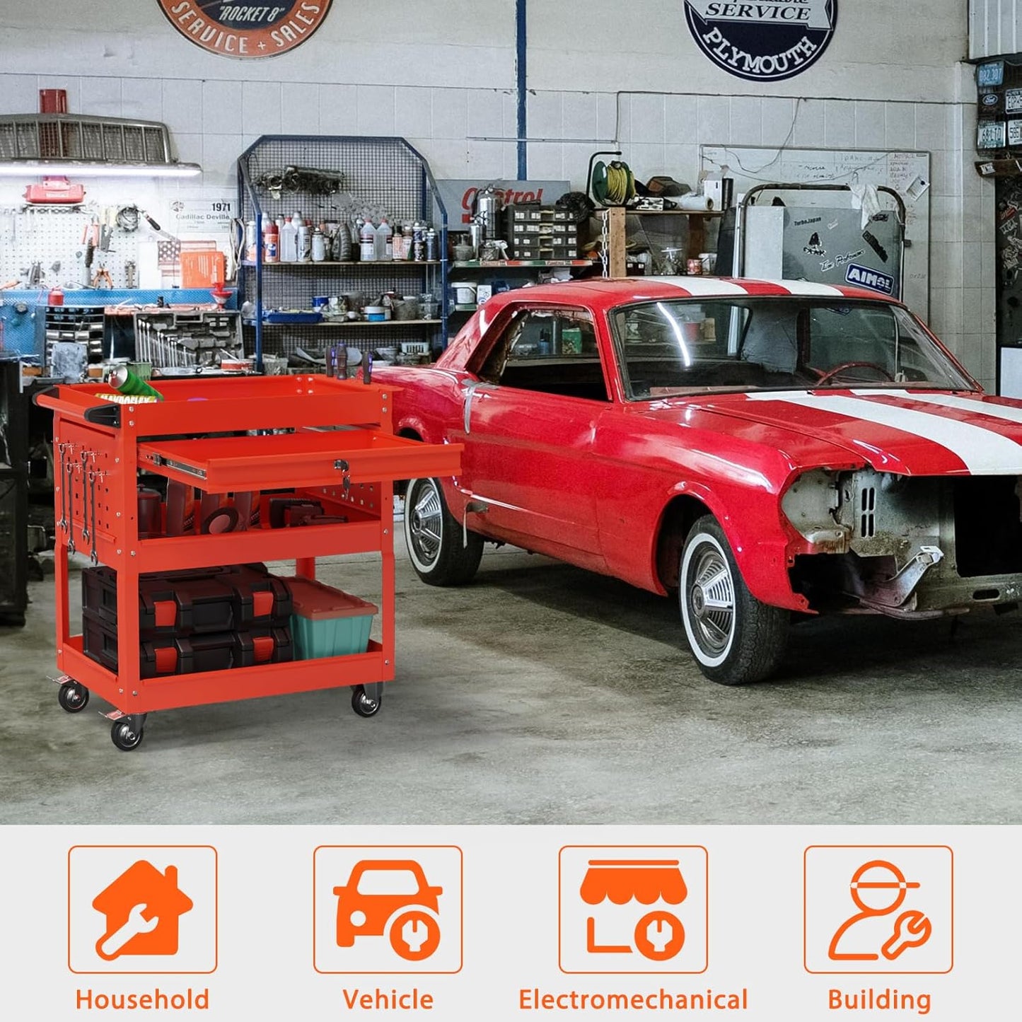 3-Tier Heavy Duty Utility Cart on Wheels, Rolling Tool Cart on Wheels with a Drawer, 350 Lbs Load Capacity Rolling Tool Storage Organizer for Garage, Warehouse and Repair Shop(Red)