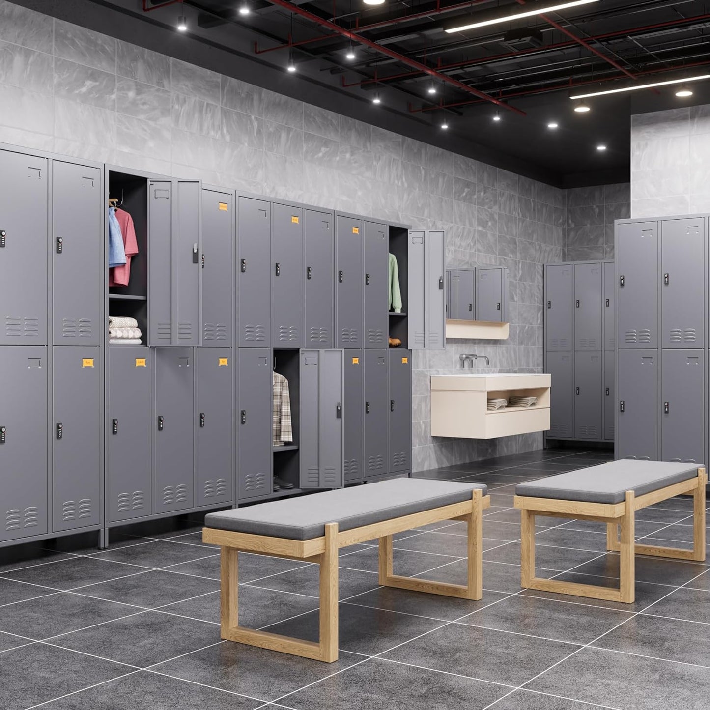 Metal Locker for Employees with Combination Locks,Metal Lockers with Business Card Holder and 18 Hooks for School Garage Office Gym Home,Assembly Required,Dark Grey