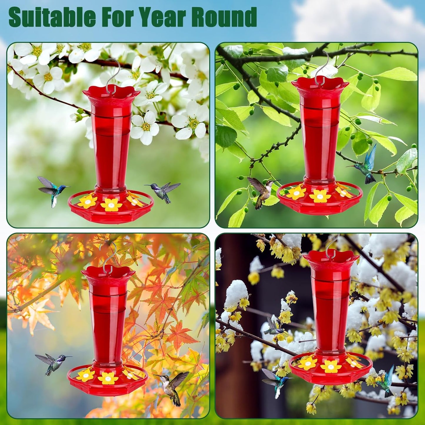 10 OZ Glass Hummingbird Feeders for Outdoors Hanging - Red 2 Pack, Ant & Bee Proof and 6 Feeding Ports, Garden Yard Dรฉcor Gifts for Mom
