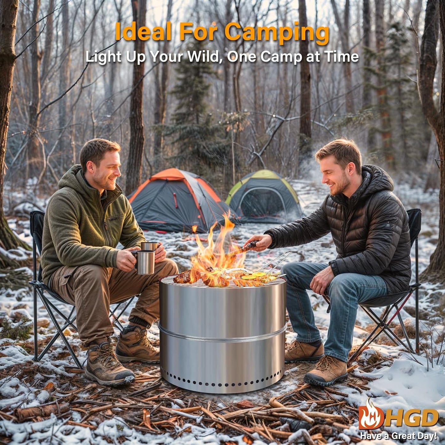 HGD 20 Inch Smokeless Firepit with Grill, Portable Wood Burning Fire Pit for Camping & Backyard, Stainless Steel Outdoor Fireplace with Travel Bag, Easy Setup & Compact Storage - Foldable Design