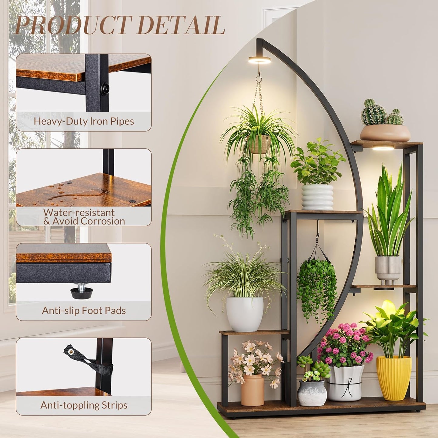 61” Tall Metal Plant Stand with Grow Lights, Tiered Indoor Shelf for Multiple Plants, Large Corner Display Rack with Adjustable Lamps, Hanging Hooks & Wooden Shelves for Living Room, Patio Balcony