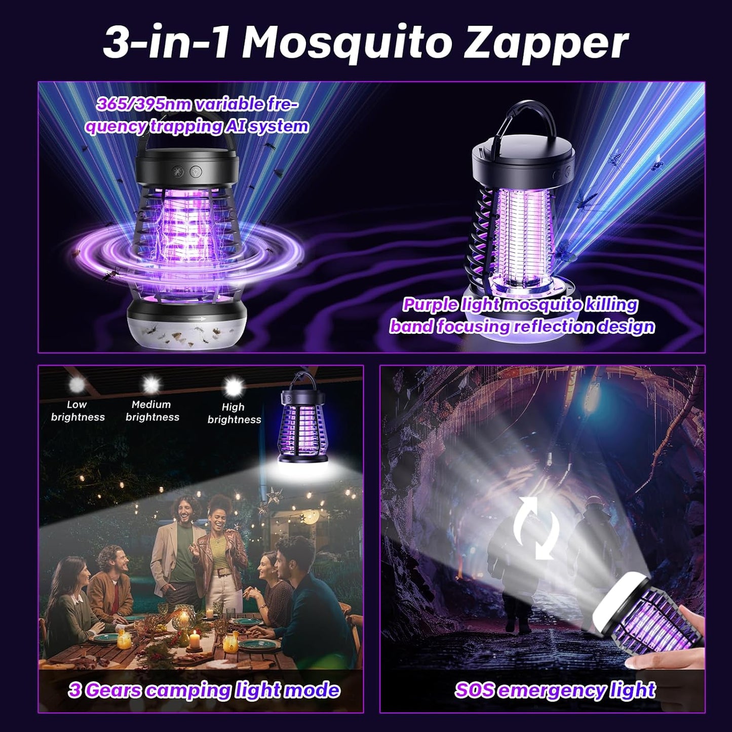 Upgraded Electric Fly Zapper,3 in 1 Bug Zapper Outdoor & Indoor, Electric Mosquito Killer Lamp with 2000V Grid & On/Off Switch, Mosquito Traps for Kitchen, Patio, Backyard, and More (Black)